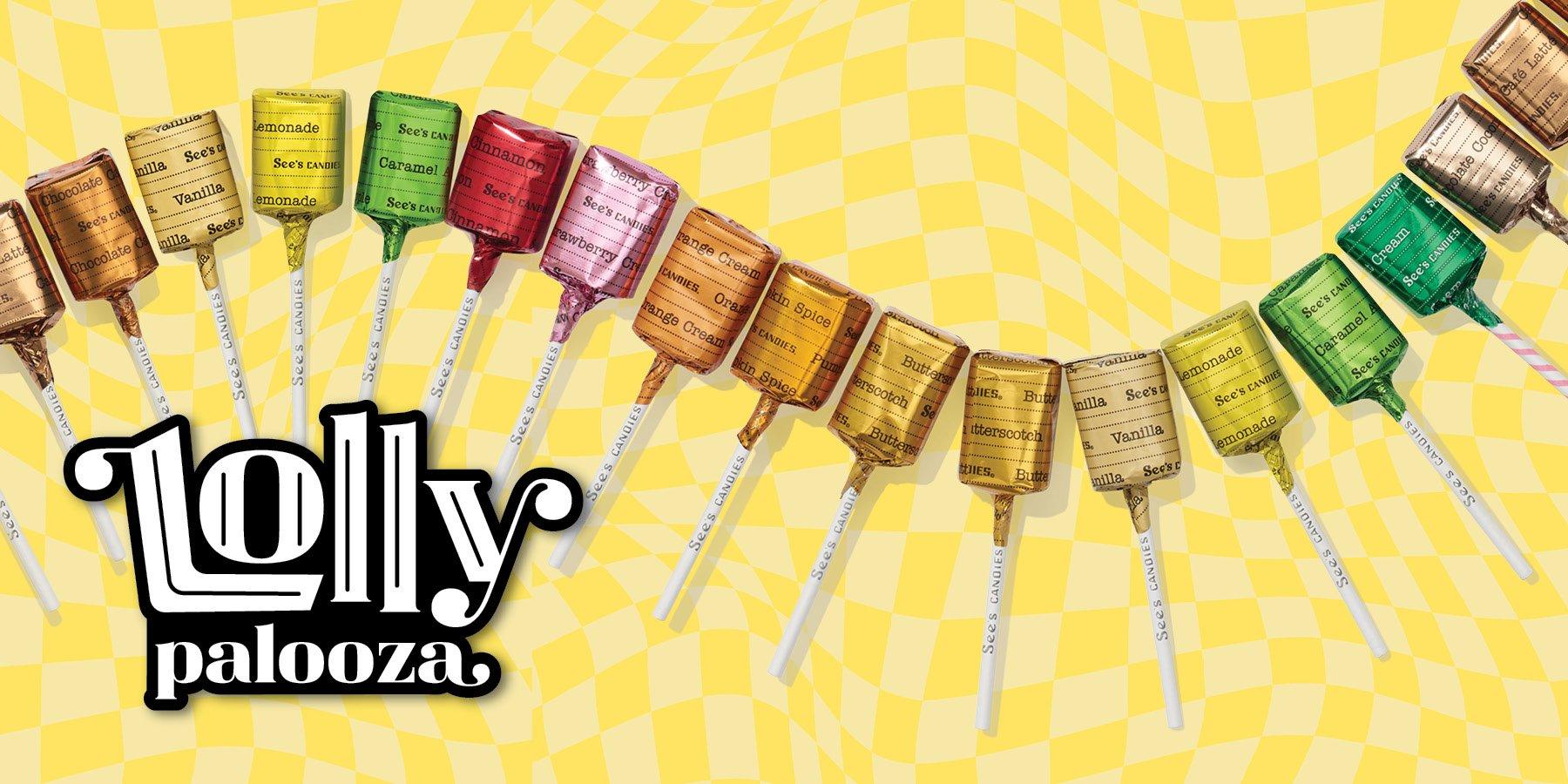 14 flavor of lollipops arranged in a wave pattern on a yellow checkerboard background