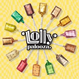 A wheel of colorful lollypops with Lollypalooza logo in the middle