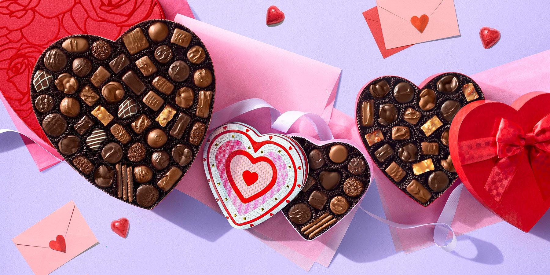 Close up of See's Candies Valentine's Day boxes