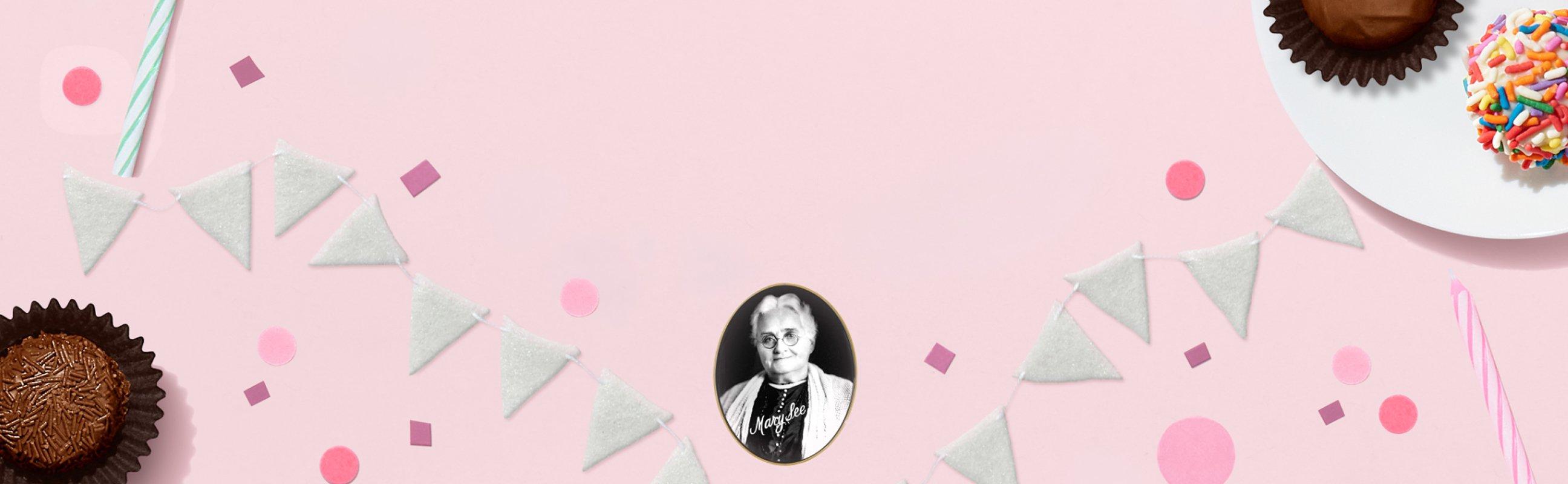 Chocolate and confetti with an image of Mary See on a pink background