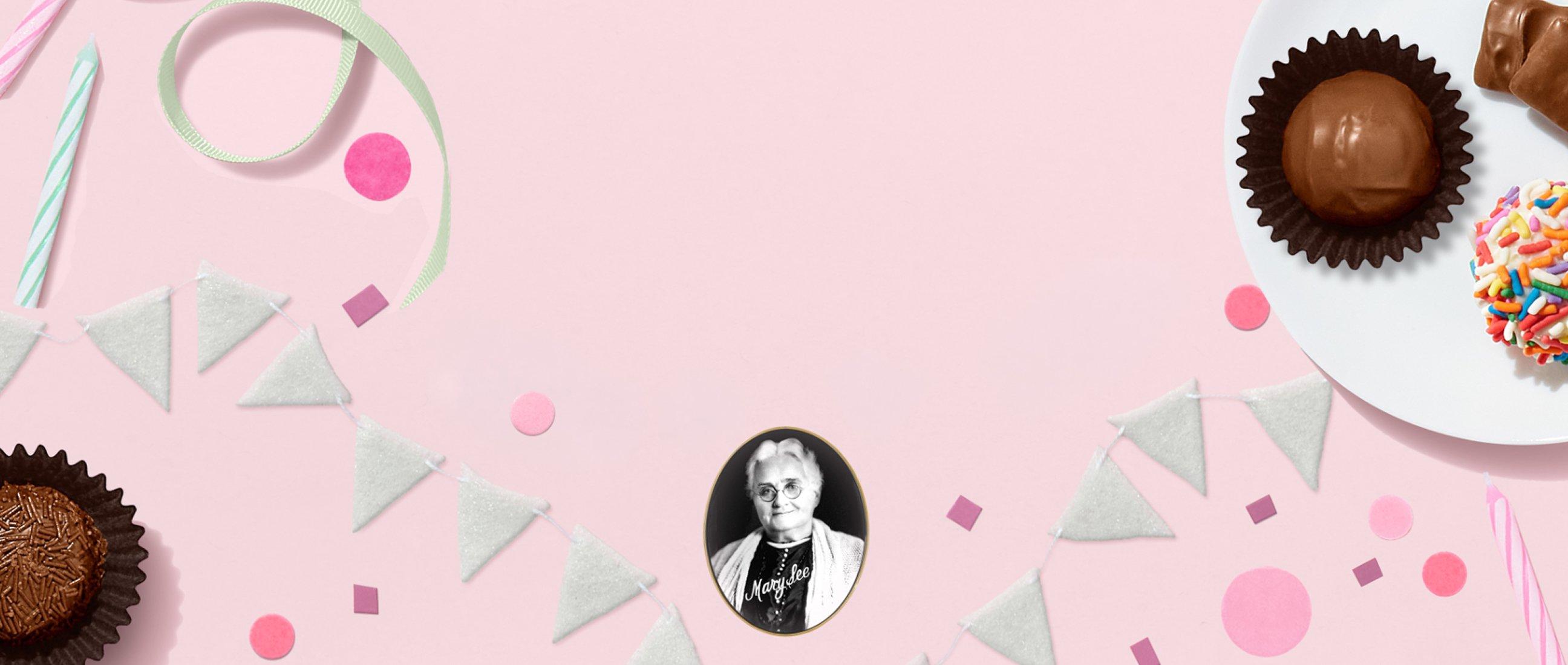 Chocolate and confetti with an image of Mary See on a pink background