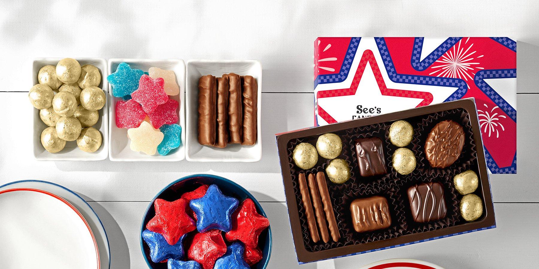 1lb assorted and 1lb nuts and chews on a serving tray surrounded with patriotic flair
