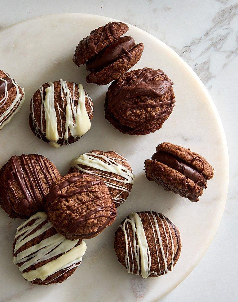 Peppermint and chocolate whoopie pies on a platter