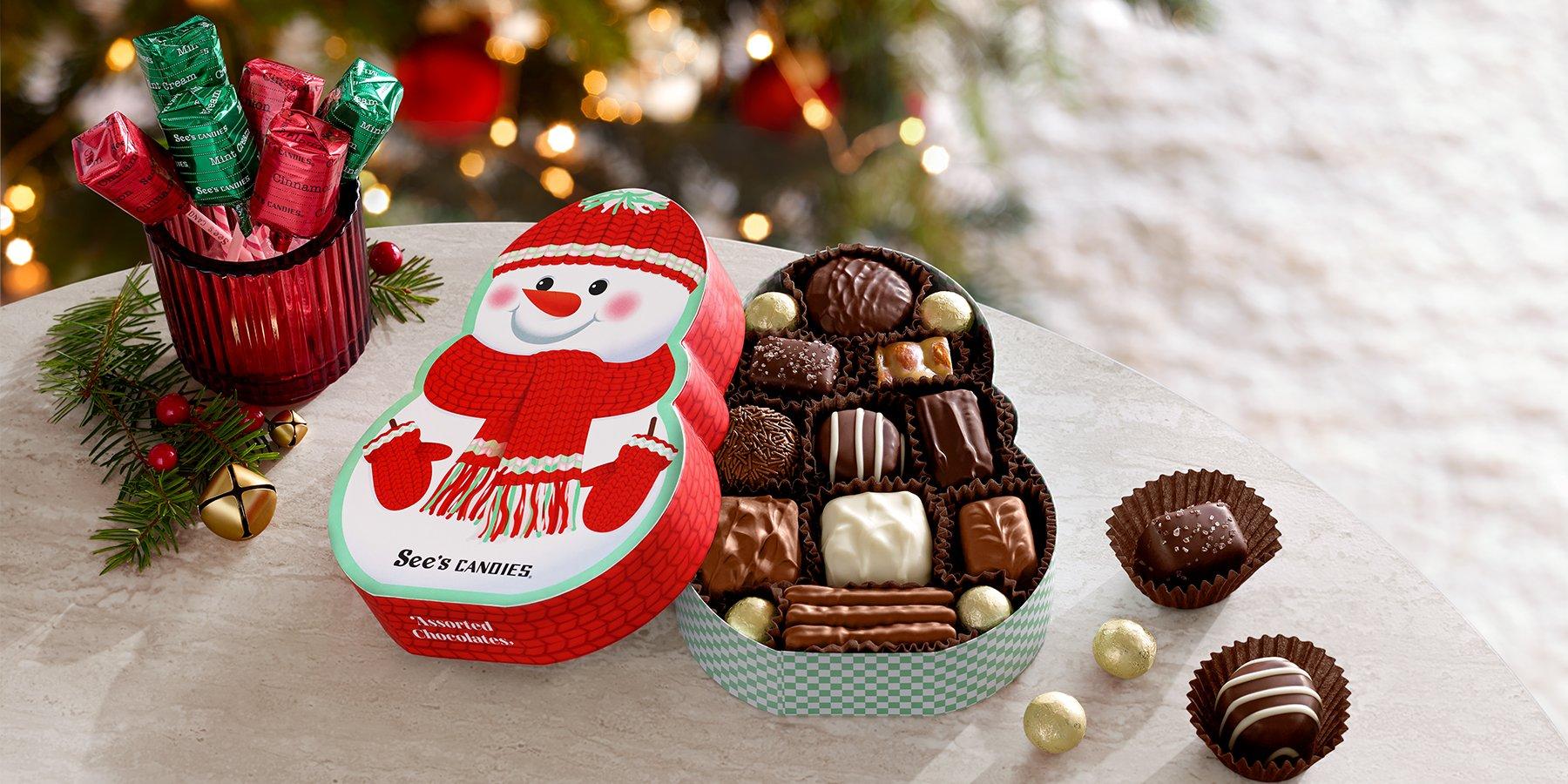 close up of Christmas decorations and See's Candies new Snowman Box
