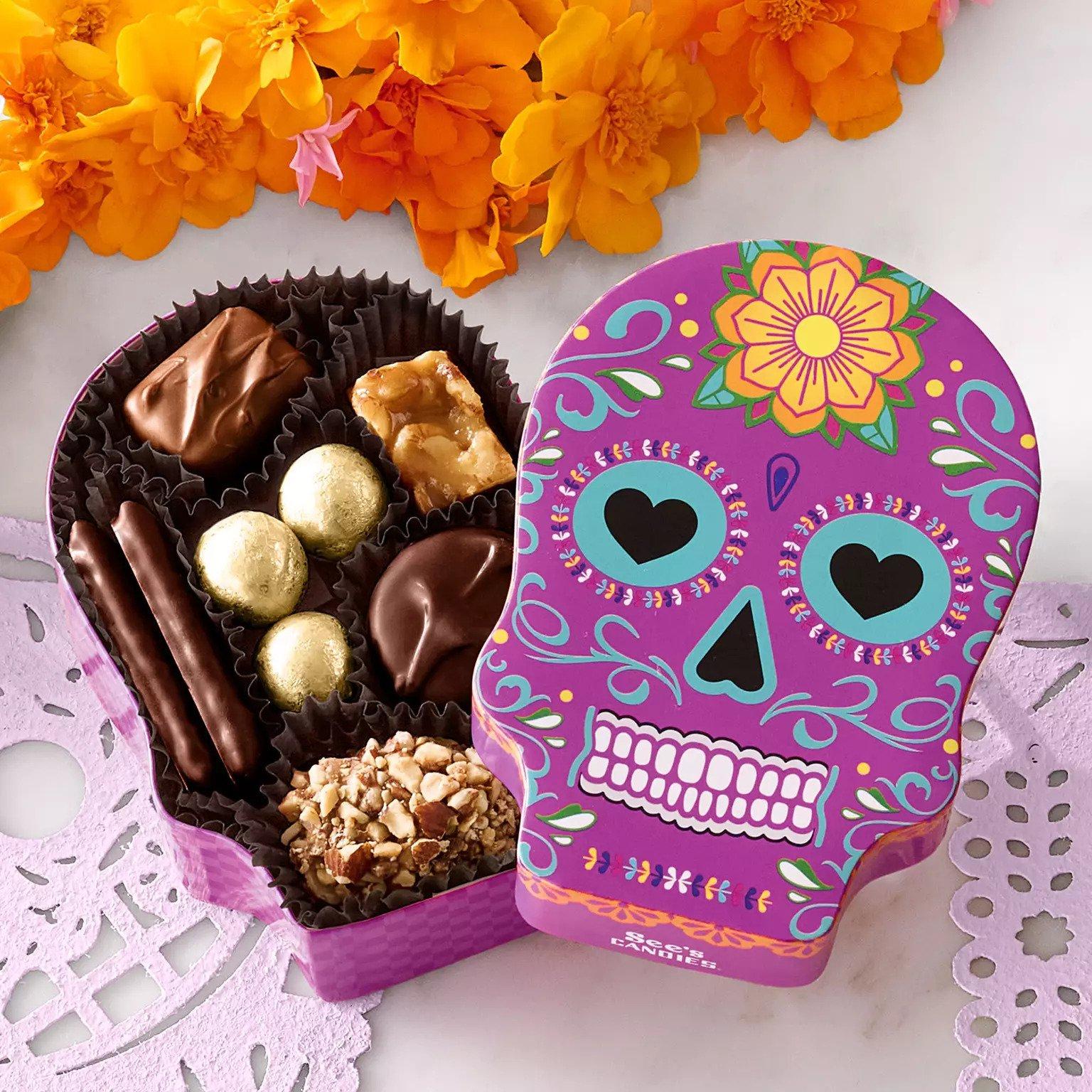 A skull-shaped chocolate box