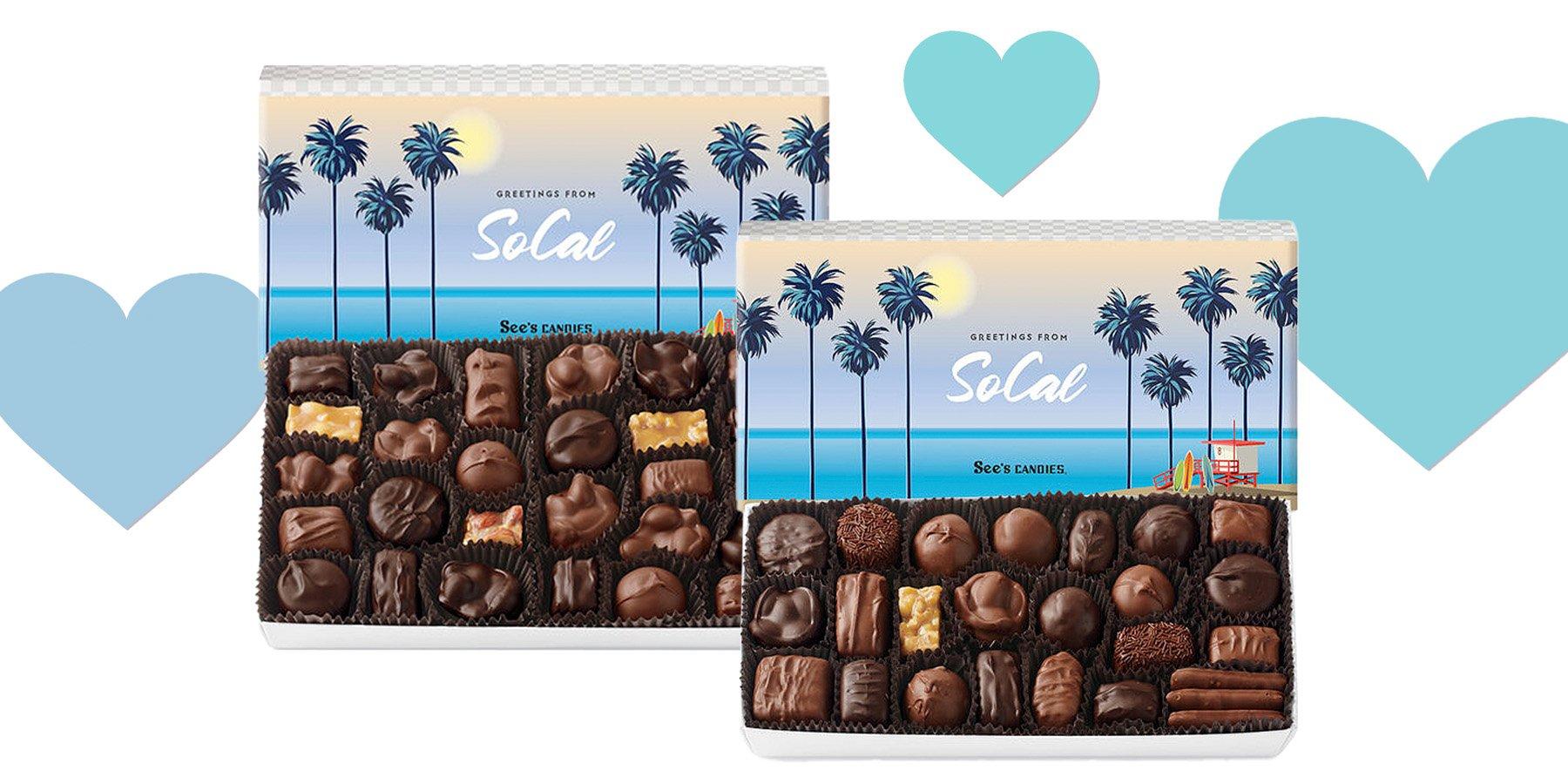 Two boxes of chocolates with a SoCal themed sleeve