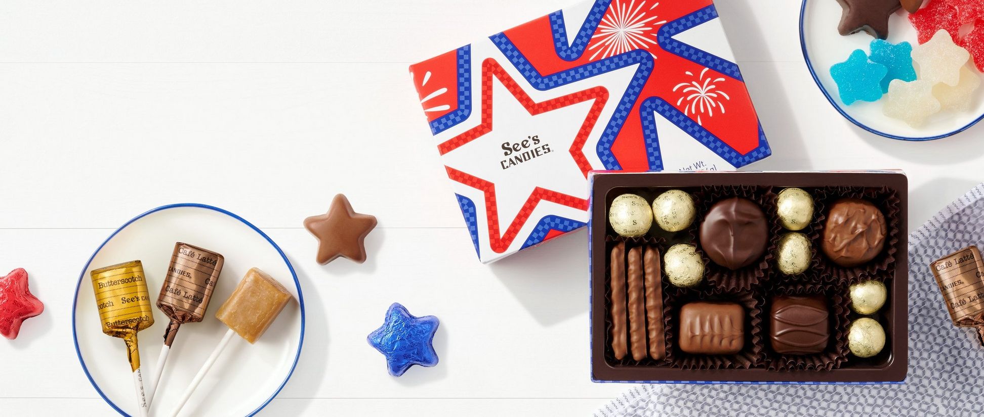Small assortment of chocolate with patriotic themed packaging and some lollypops