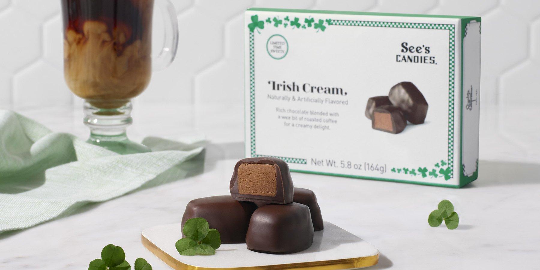 Close up of See's Candies Irish Cream chocolates