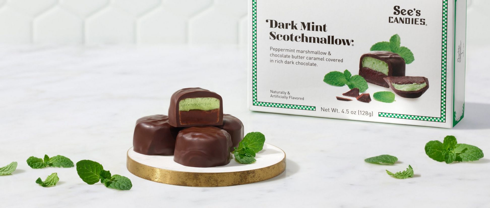 A box of See's Candies Dark Mint Scotchmallow with green marshmallow filling.