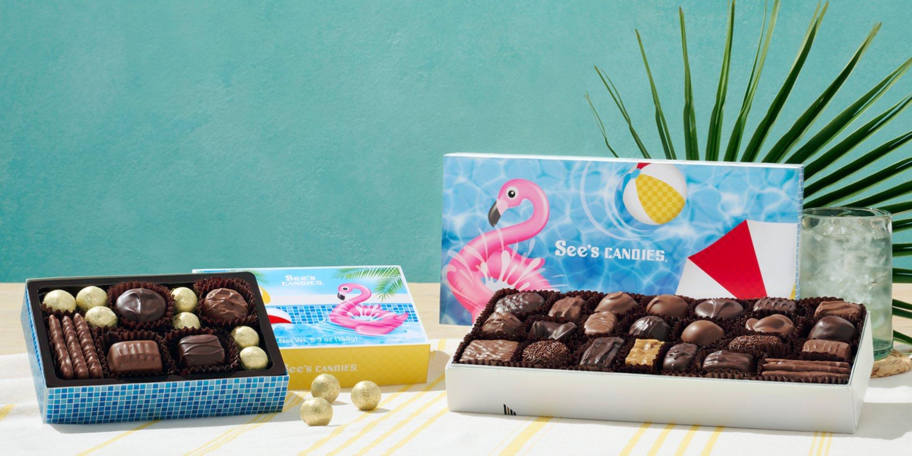 Assortments of chocolate with summer packaging