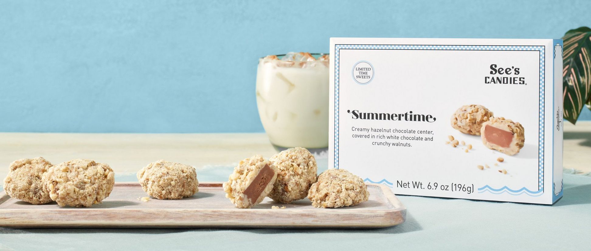 See's Candies Summertime candy pieces on a board with the box in the background
