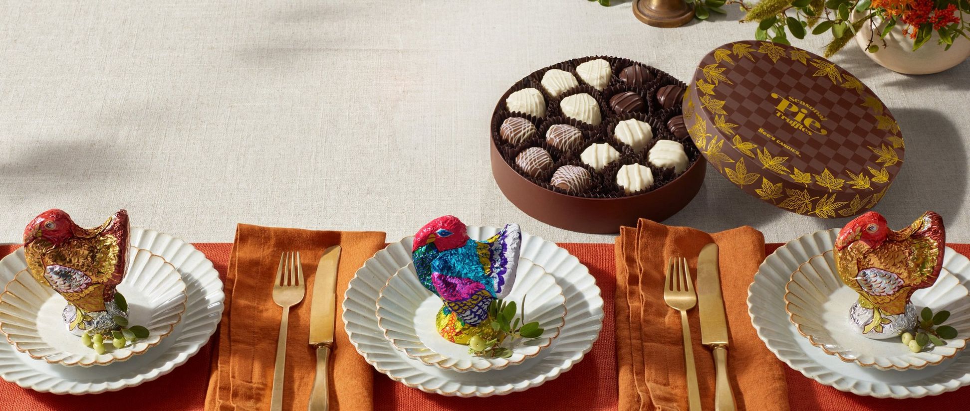 Thanksgiving place setting with See's Candies Assorted Pie Box and Turkey Chocolate