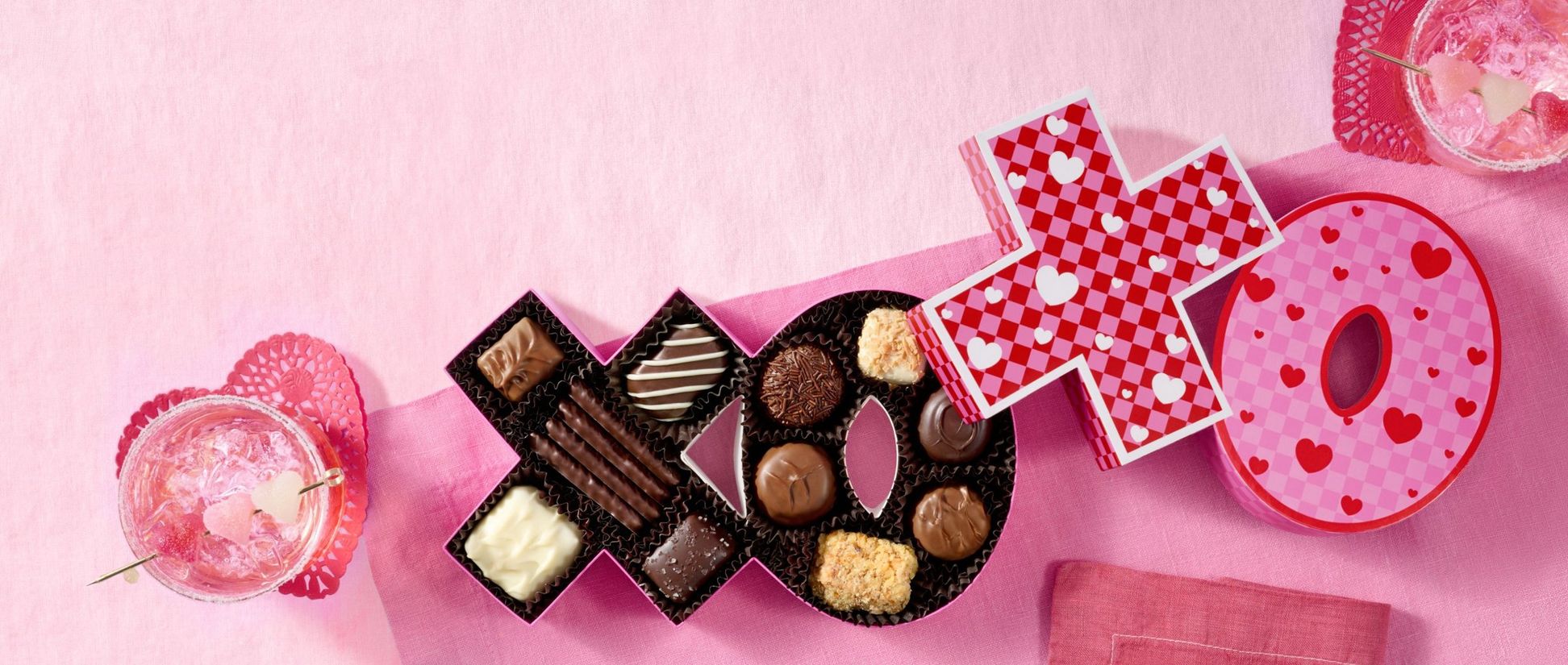 See's Candies XOXO Box on pink background