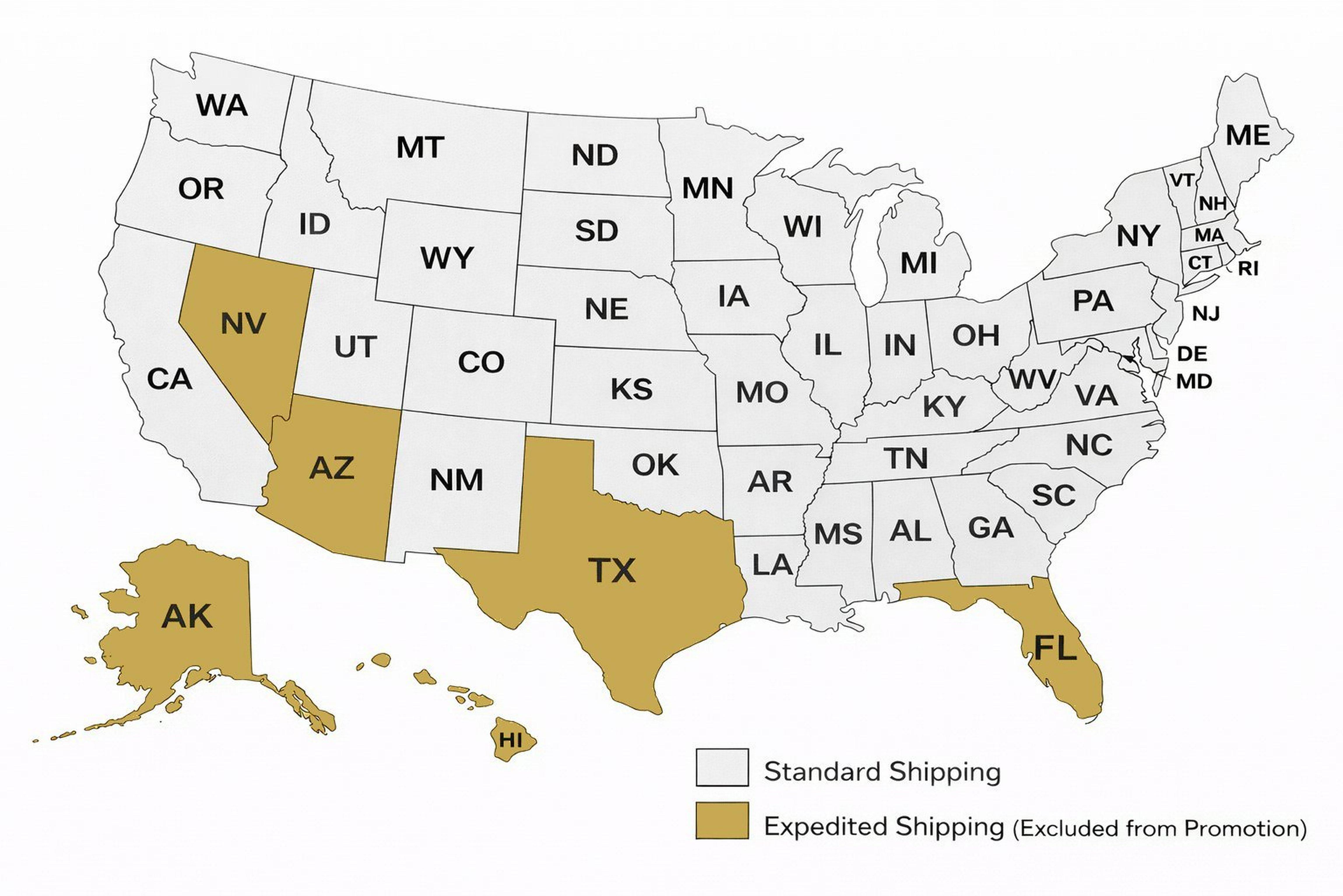 A map of the United States with NV,AZ,TX,FL,AK and HI highlighted in gold indicated warm-weather state