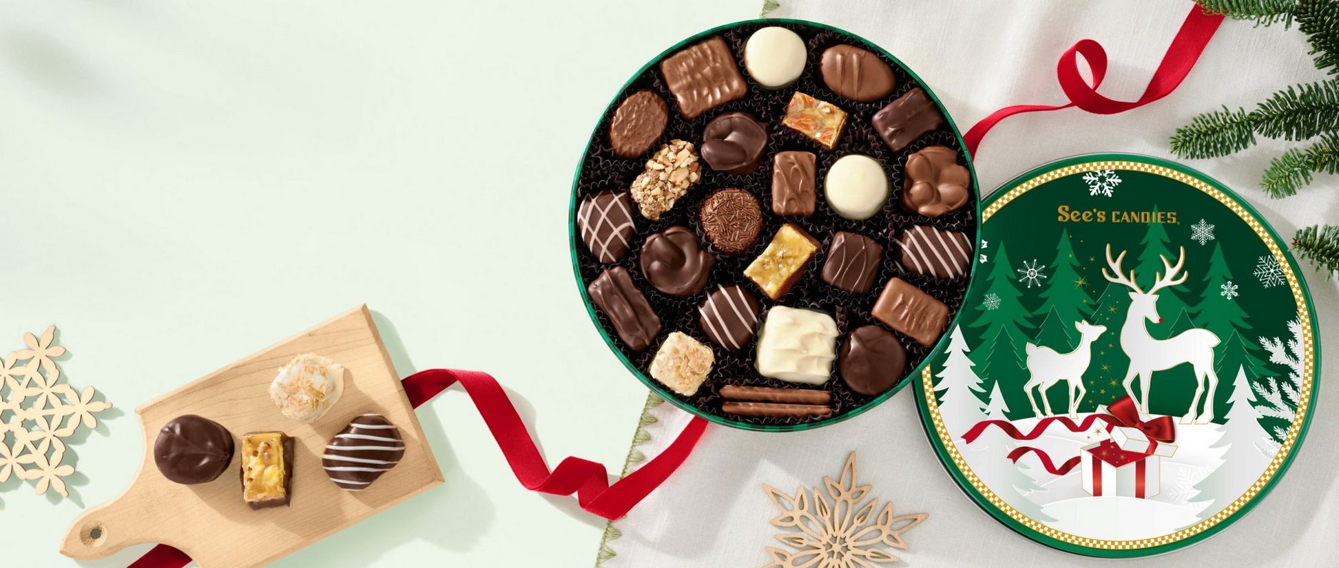 Close up of See's Candies Christmas Wonders Tin