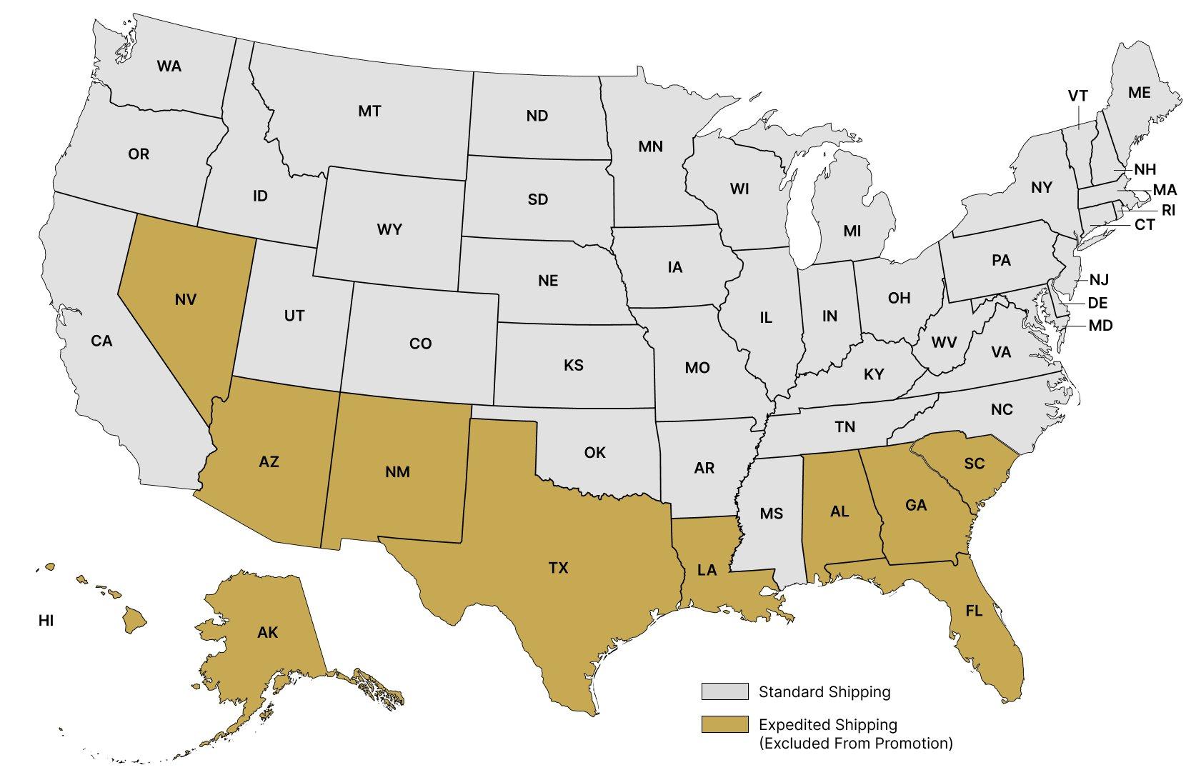 A map of the United States with NV,AZ,TX,FL,AK and HI highlighted in gold indicated warm-weather state