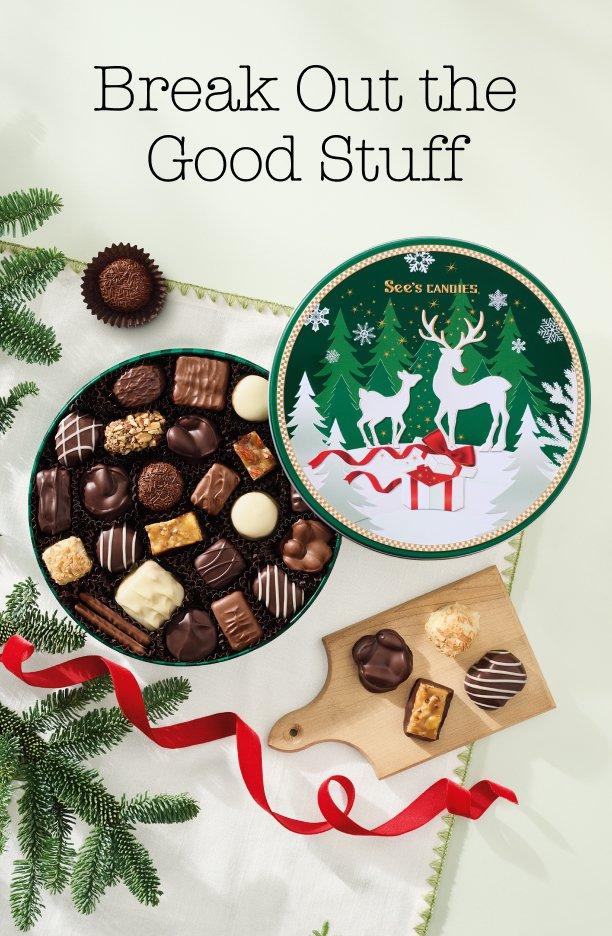 Close up of See's Candies Christmas Oh Wonders Tin