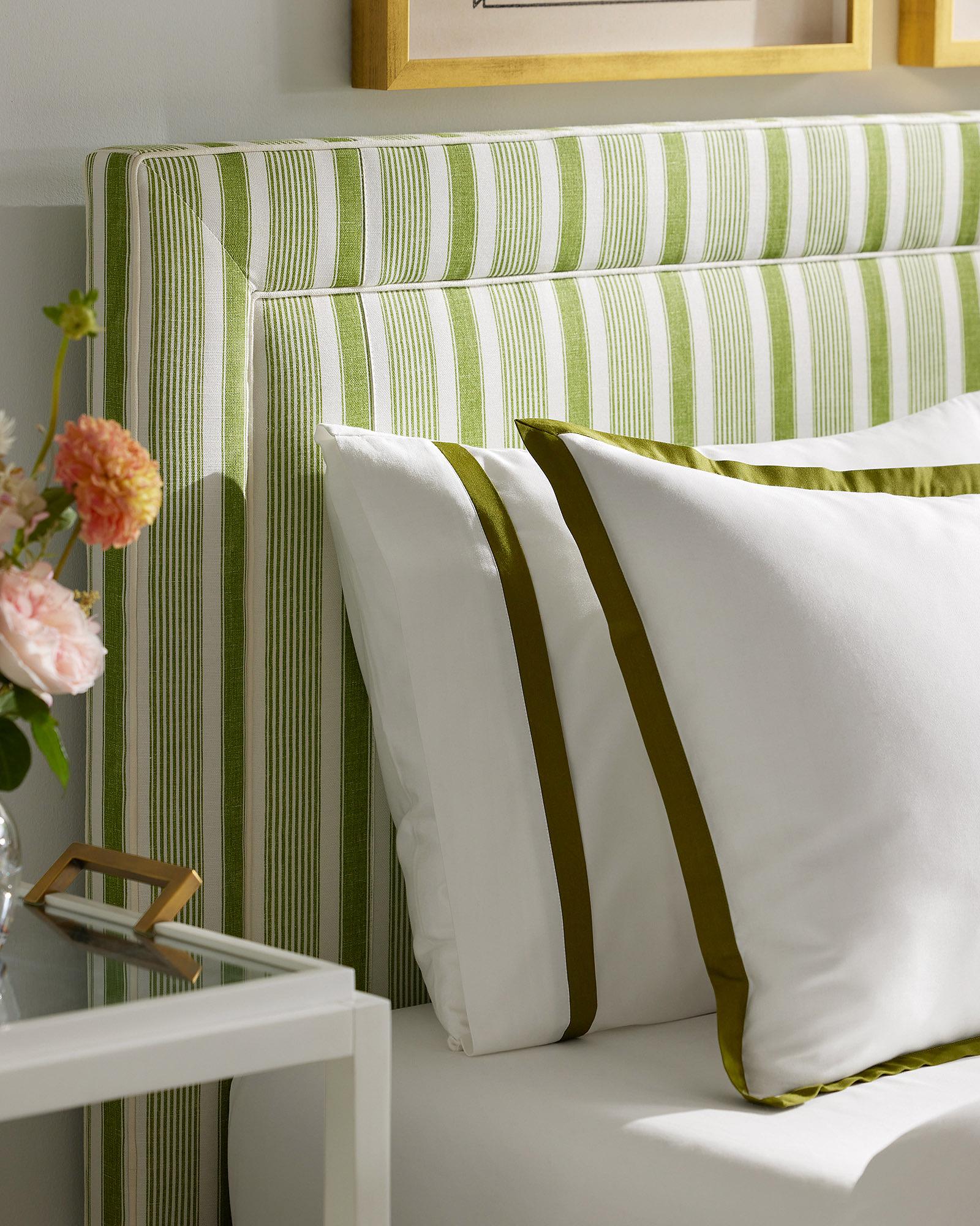 BedroomGreenStripedBedLombardHeadboardSateenBorderFrameBedding