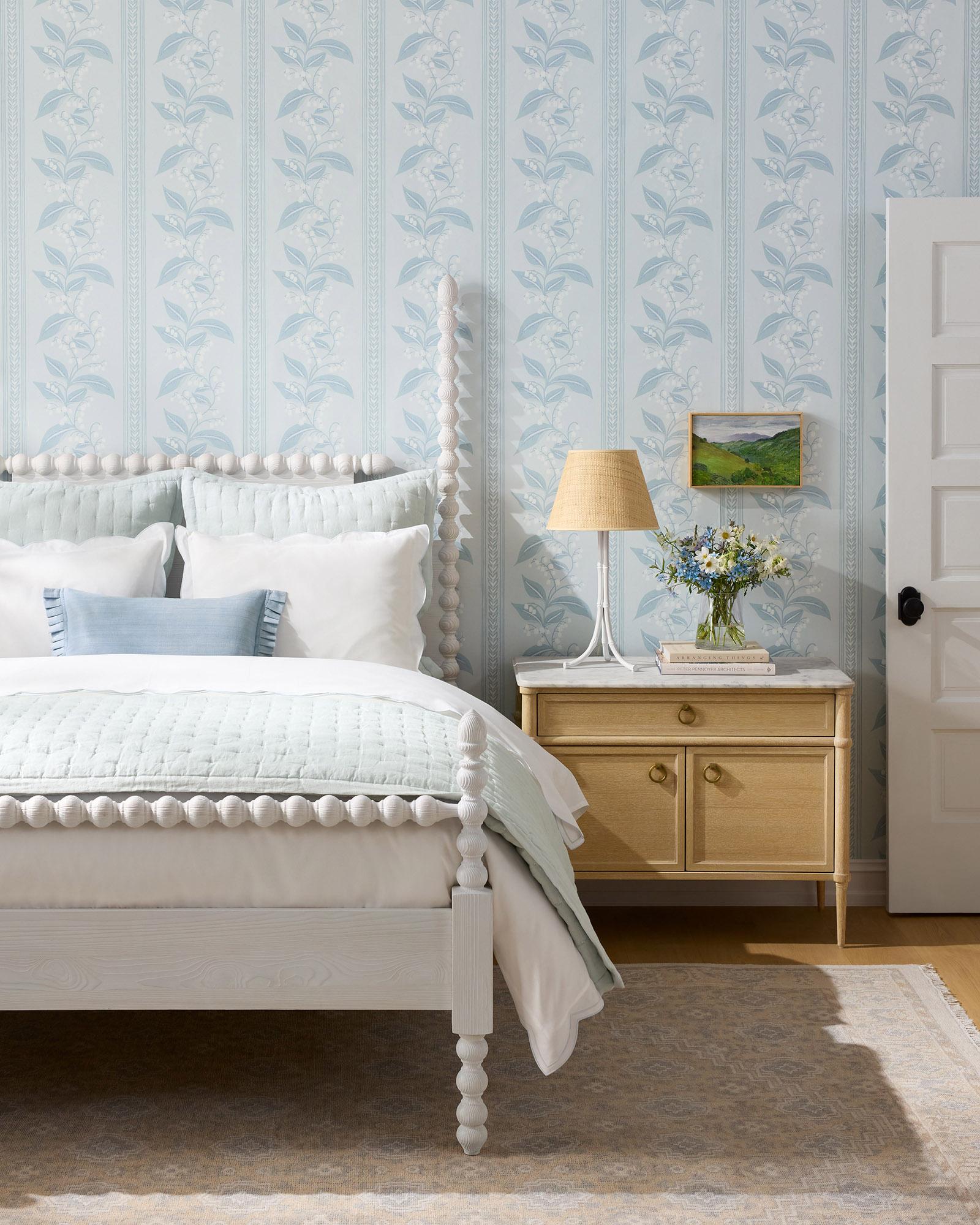 BedroomWoodBobbinBedCornwallSkyBlueLilyFloralWallpaperbrand