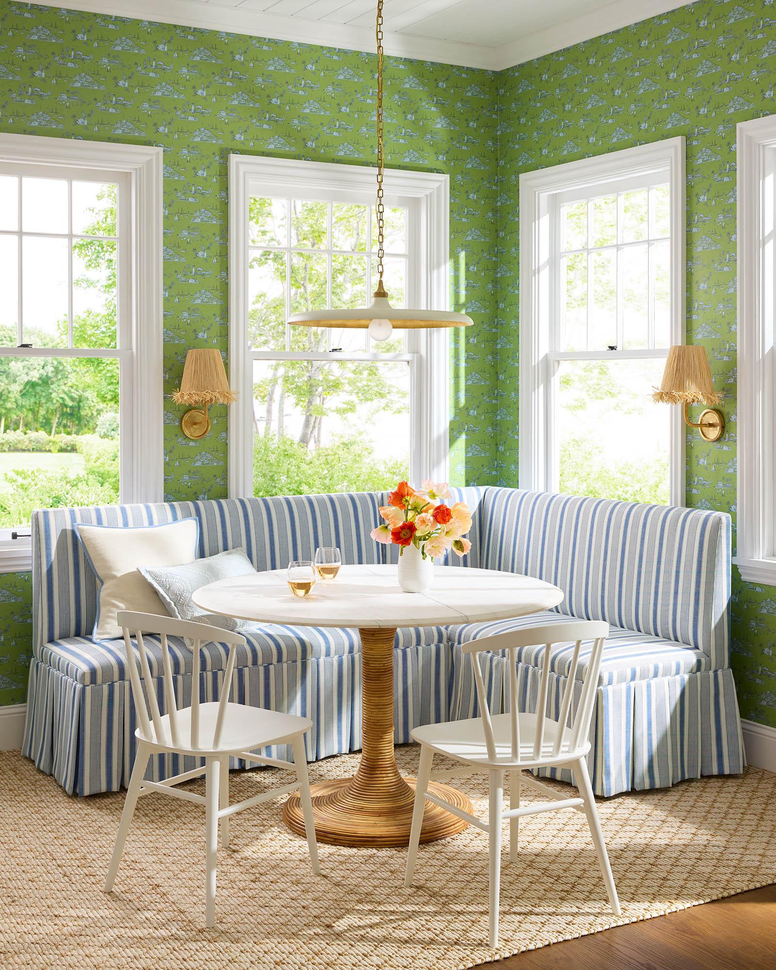 DiningRoomFrenchBlueStripeBanquetteRossGreenSeahavenToile