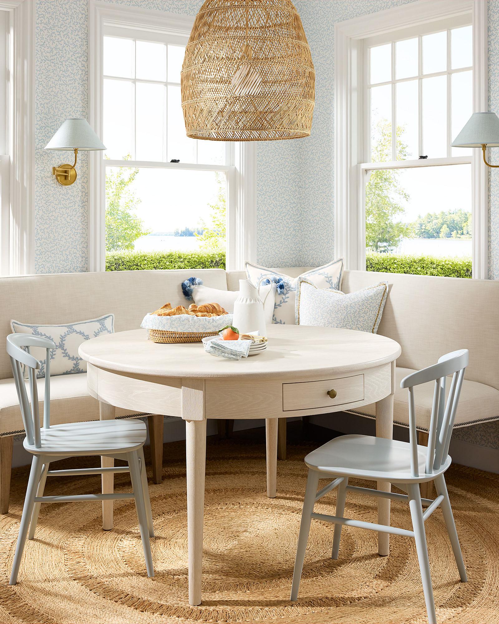 Dining-Room-White-Banquette-Ross-Beach-House-Table-Sky-Blue-Coral-Kimbe ...