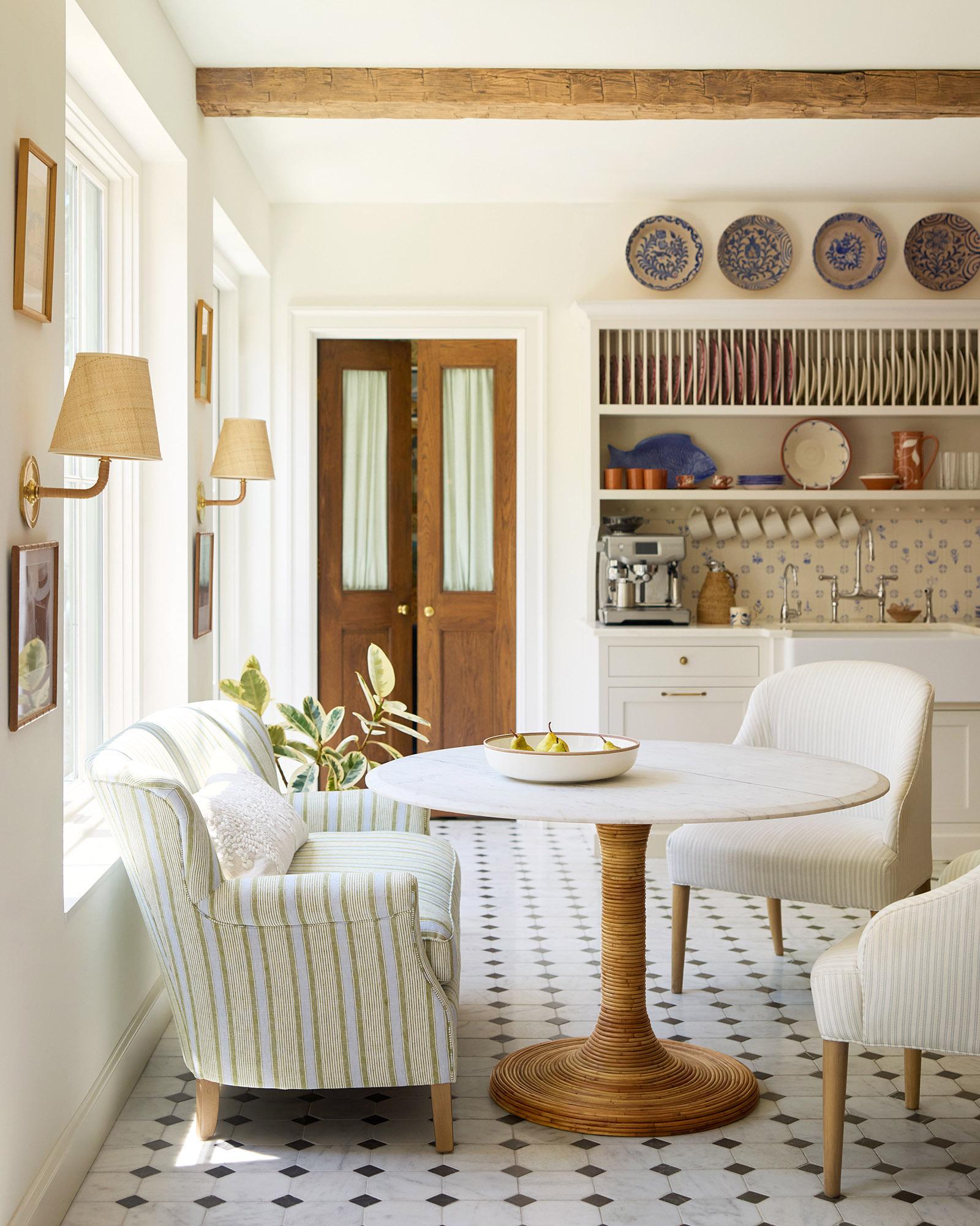 Dining-Table-Natural-Rattan-Marble-Top-Southampton-Green-Blue-Striped ...
