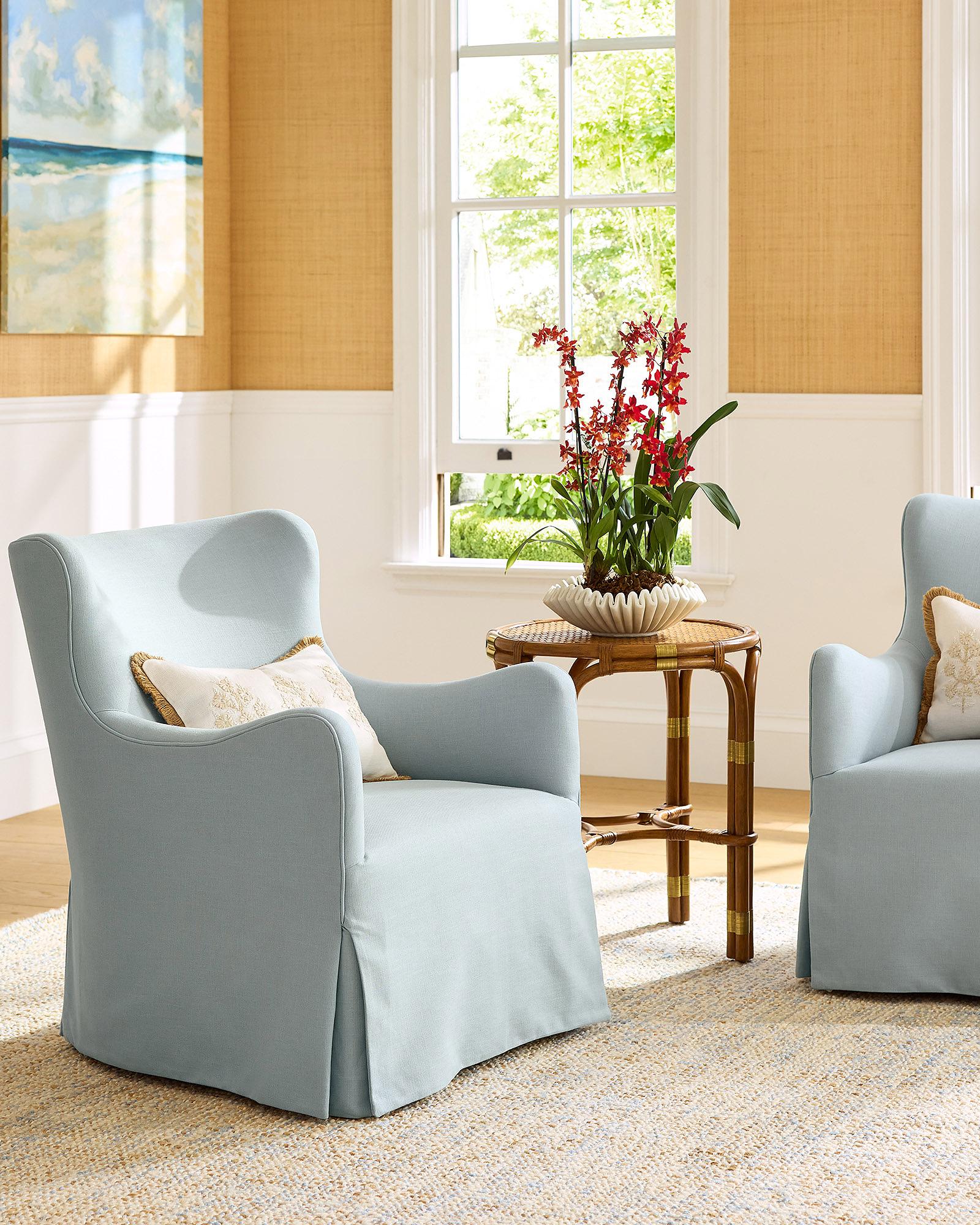 Living-Room-Coastal-Blue-Swivel-Chairs-Clayton-Natural-Raffia-Wallpaper ...