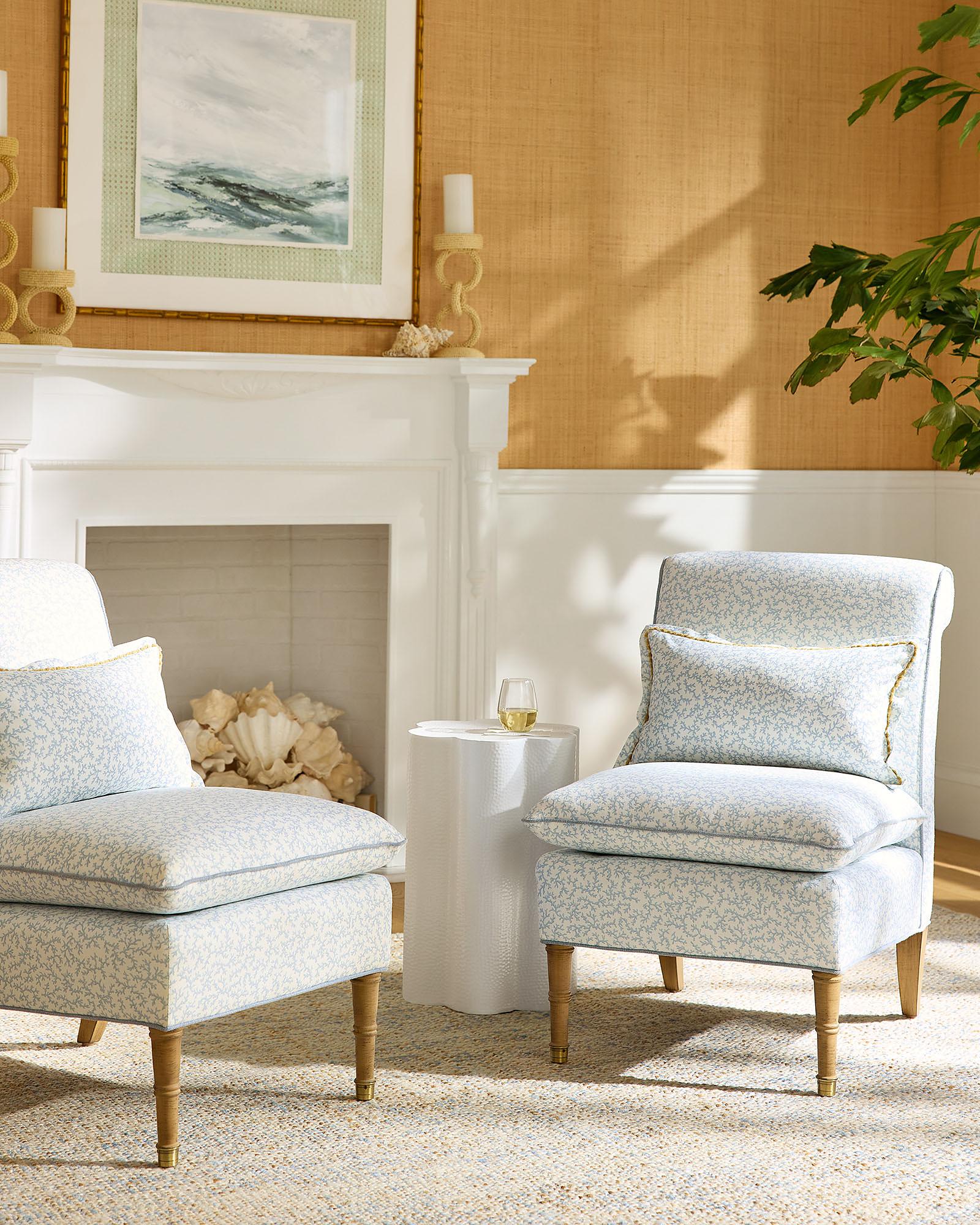 Sterling Slipper Chair - Performance Kimbe Sky with Washed Linen Coastal Blue Pipe
