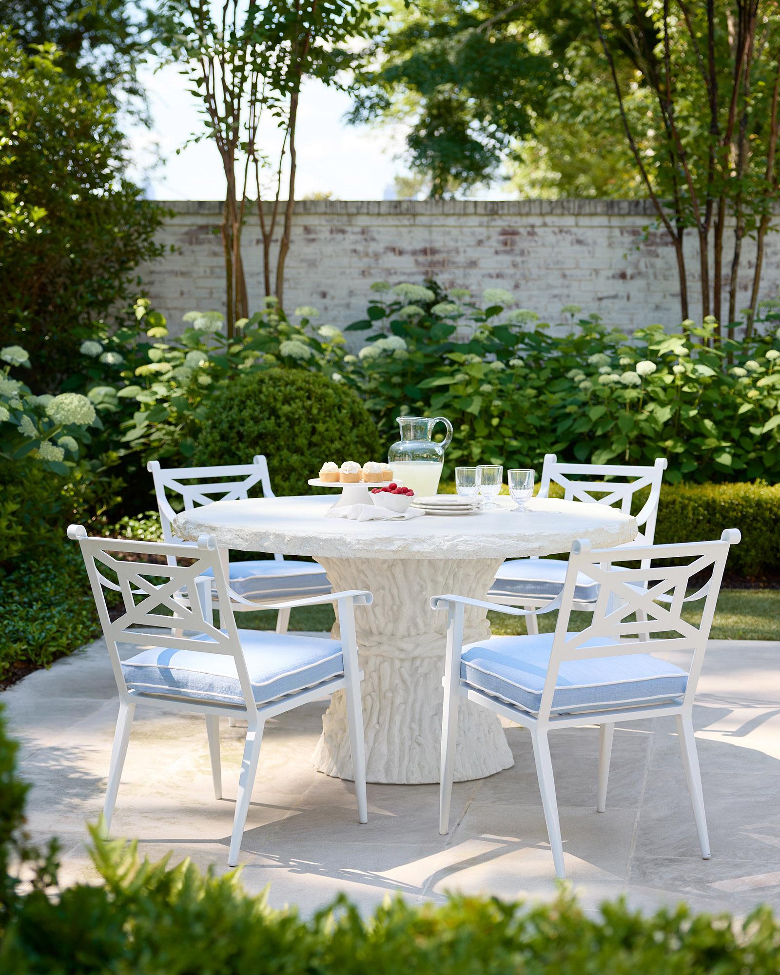 Serena & Lily Faux Bois Dining Table and Clearwater Dining Armchairs
