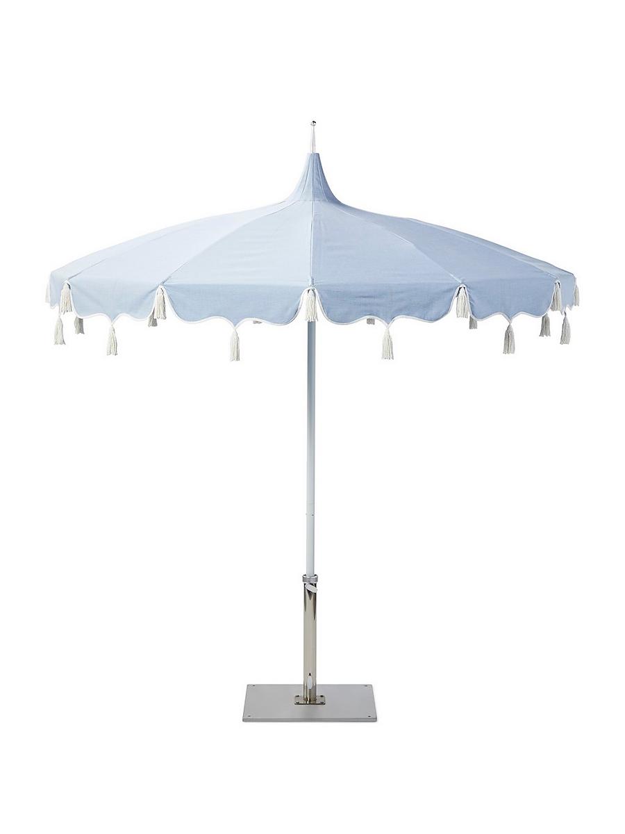 fringed patio umbrellas AMMSUN 8.5ft Tassel Macrame Fringe Umbrella Wood Pole with Pulley Lift, Natural White the Patio Umbrella delivers a nostalgic coastal European aesthetic with superior quality and technical design Business & Pleasure Co. The