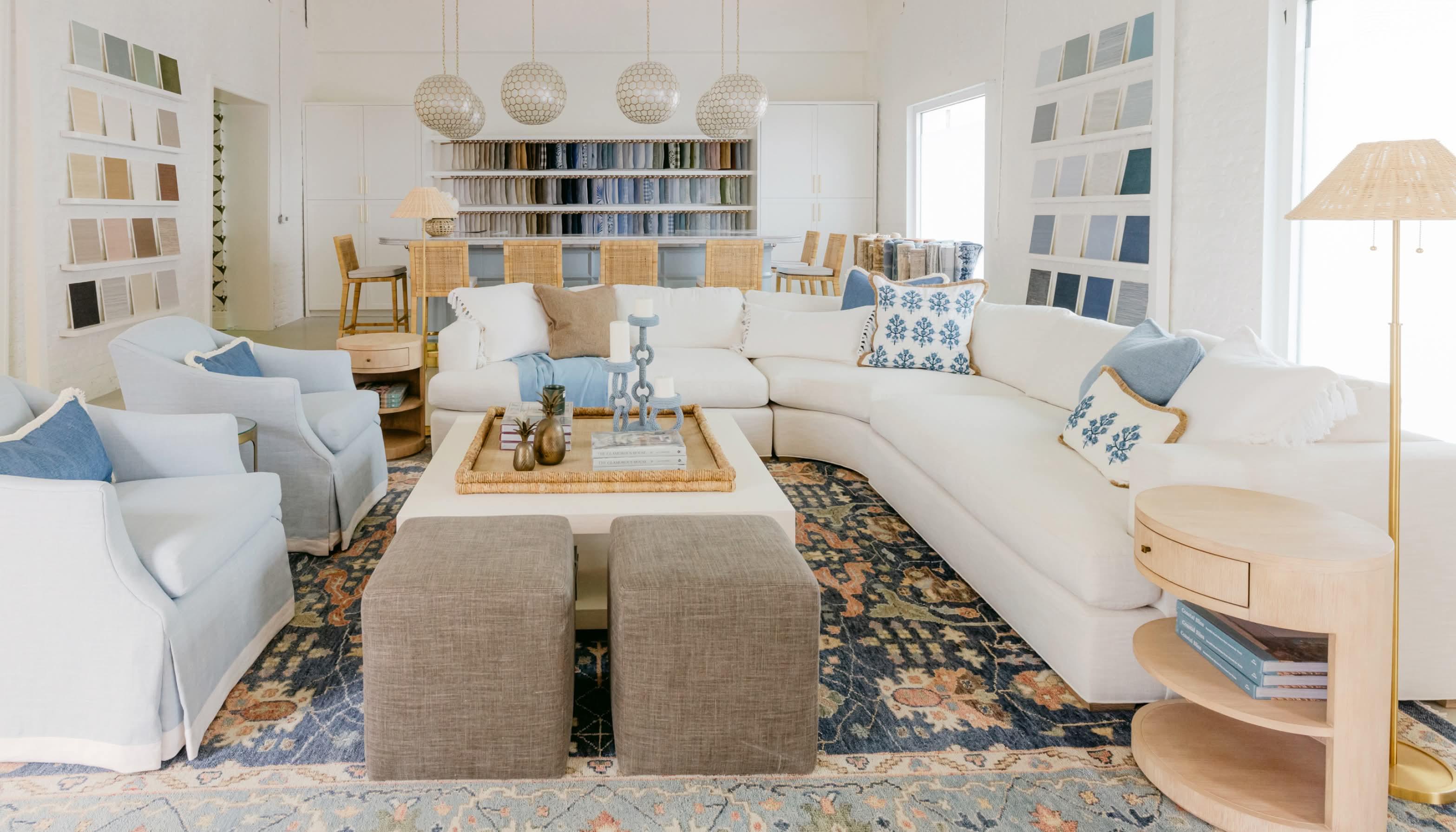 living room with curved sectional