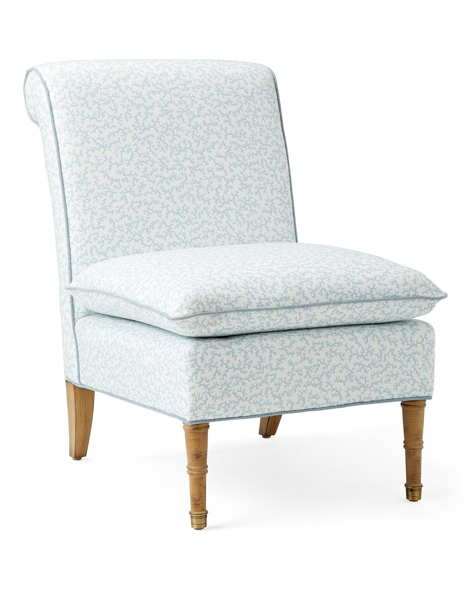 Sterling Slipper Chair - Performance Kimbe Sky with Washed Linen Coastal Blue Pipe