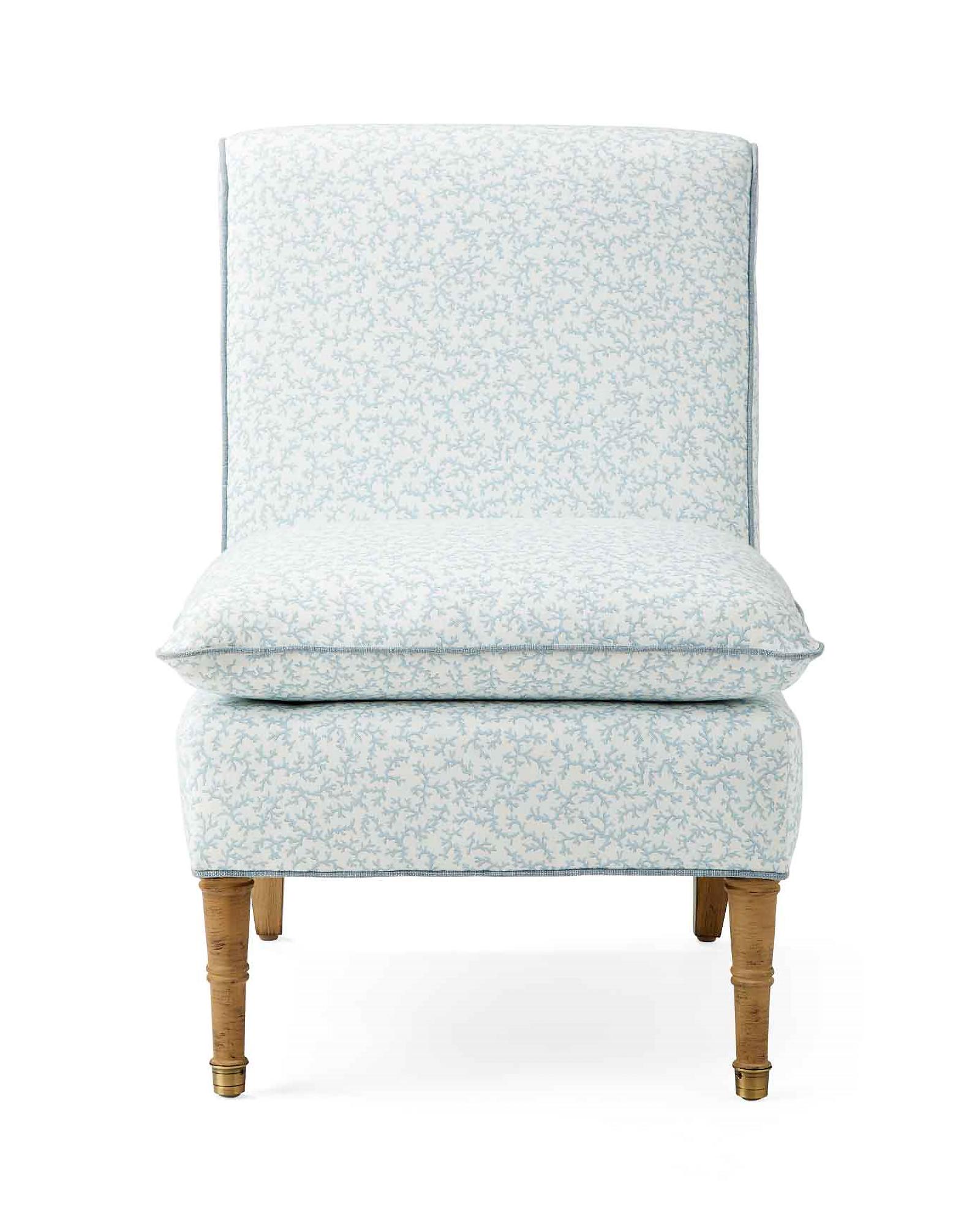 Sterling Slipper Chair - Performance Kimbe Sky with Washed Linen Coastal Blue Pipe