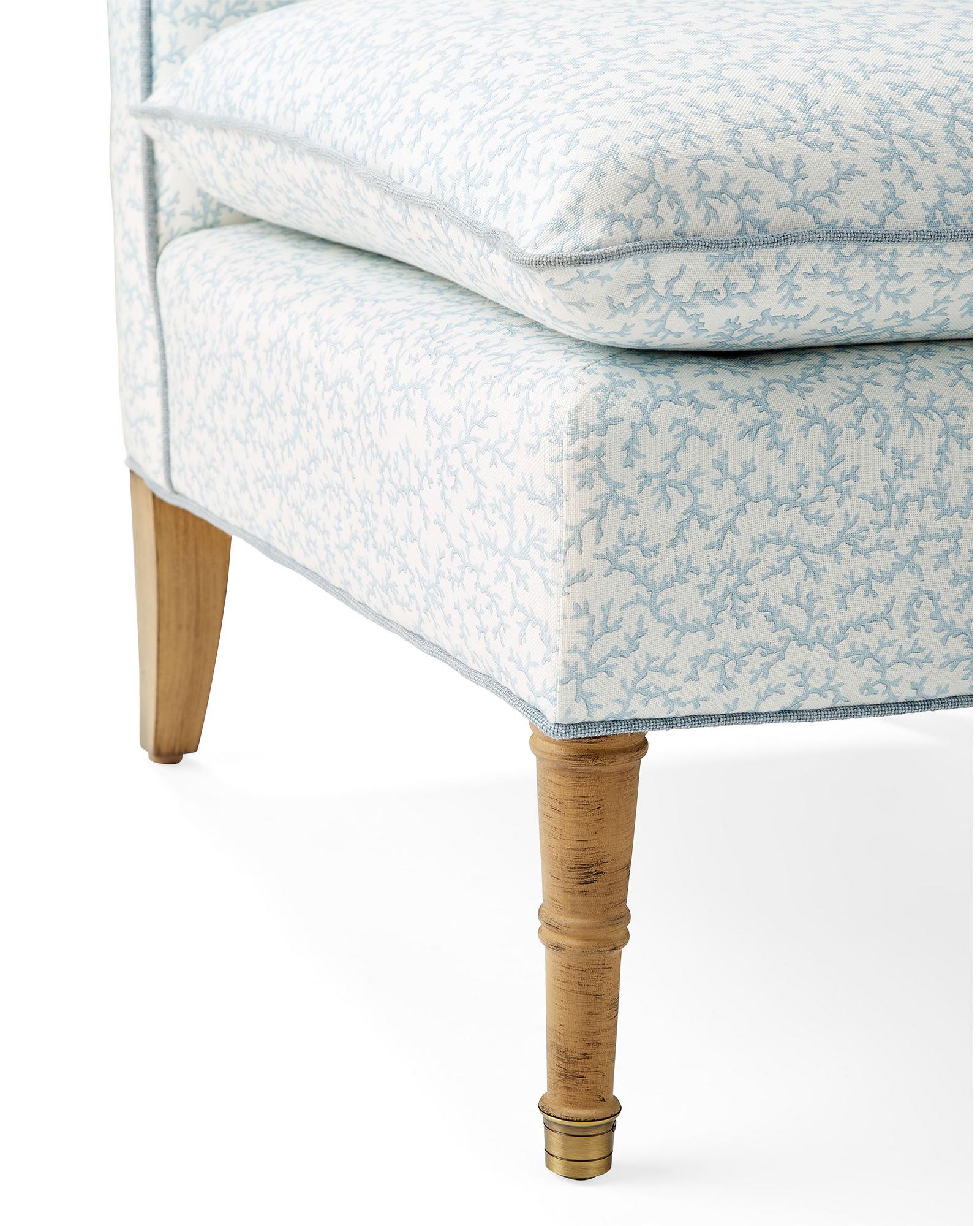 Sterling Slipper Chair - Performance Kimbe Sky with Washed Linen Coastal Blue Pipe