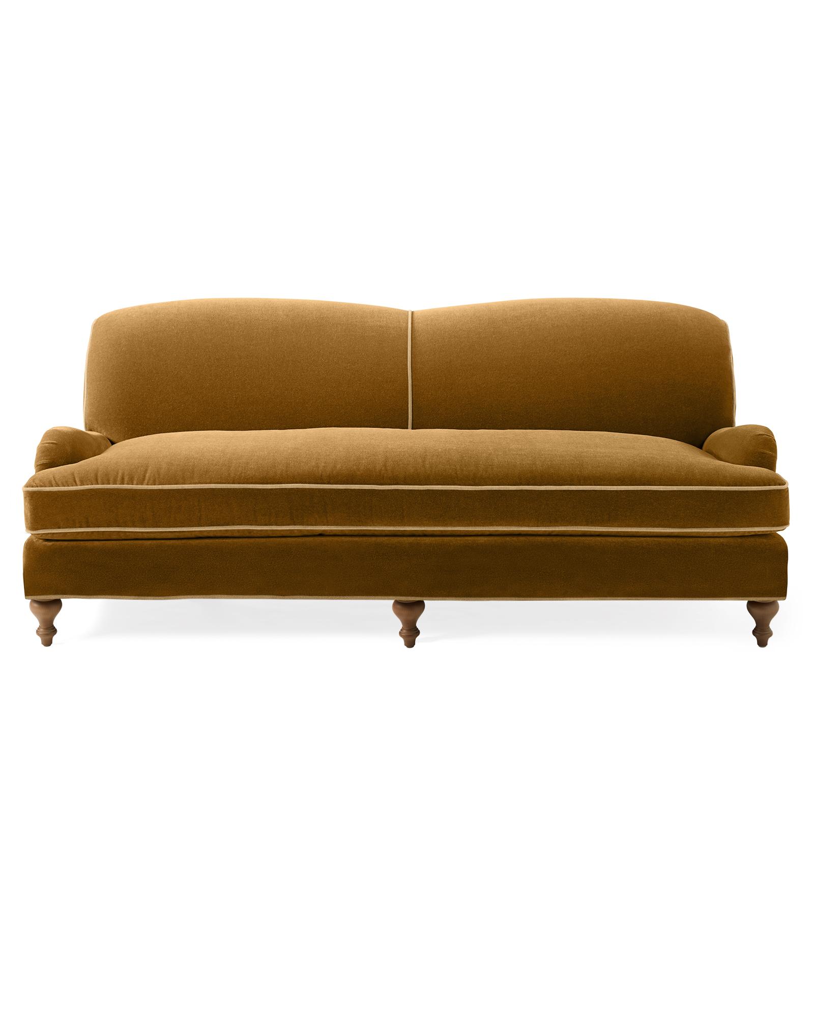 Miramar English Roll Arm Sofa with Bench Seat - Velvet Mohair Lark with Washed Linen Wheat Pipe – 8'