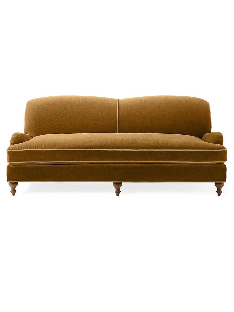 Miramar English Roll Arm Sofa with Bench Seat - Velvet Mohair Lark with Washed Linen Wheat Pipe – 8'
