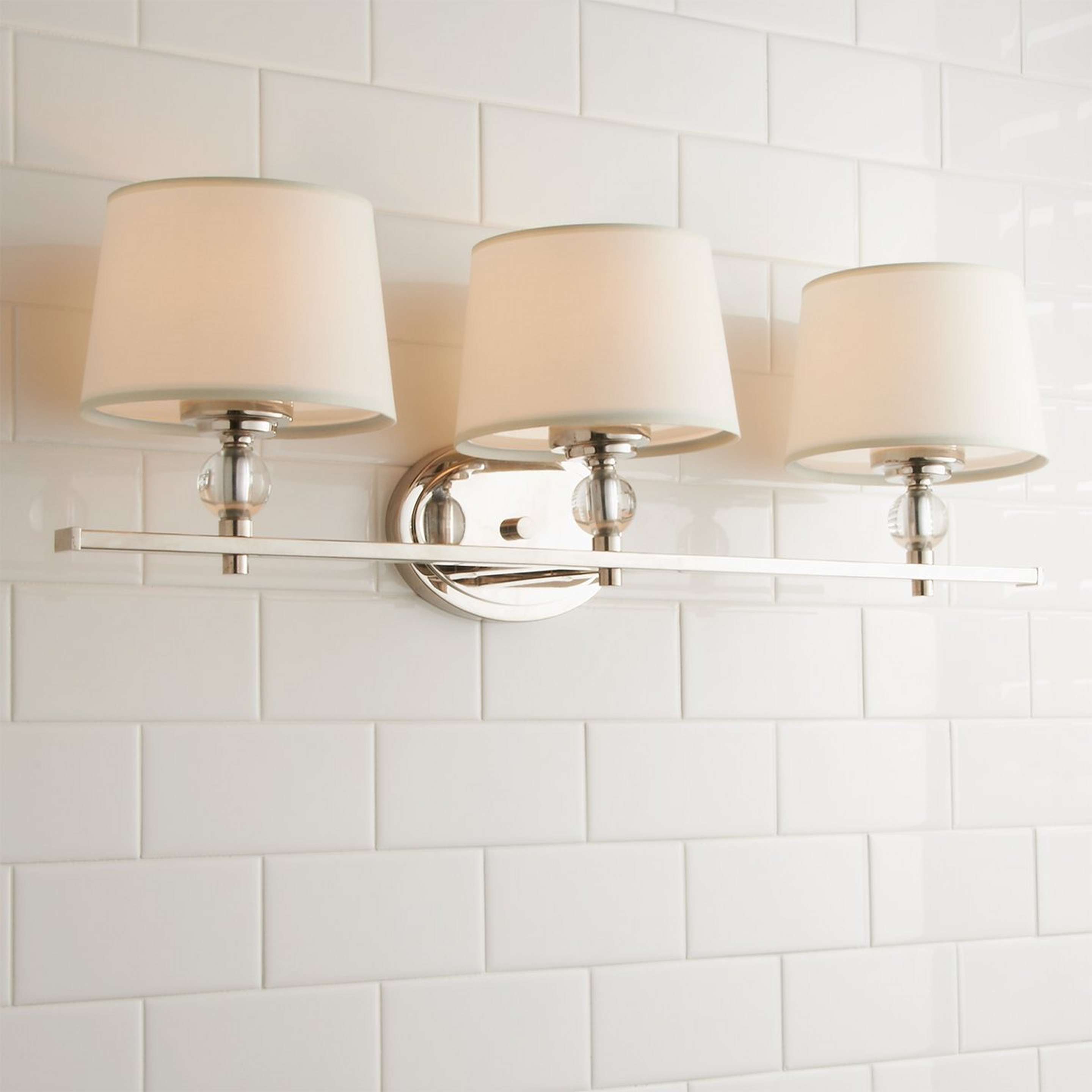 A Crystal Accent Vanity Light - 3 light with Polished Nickel / Crystal / White color