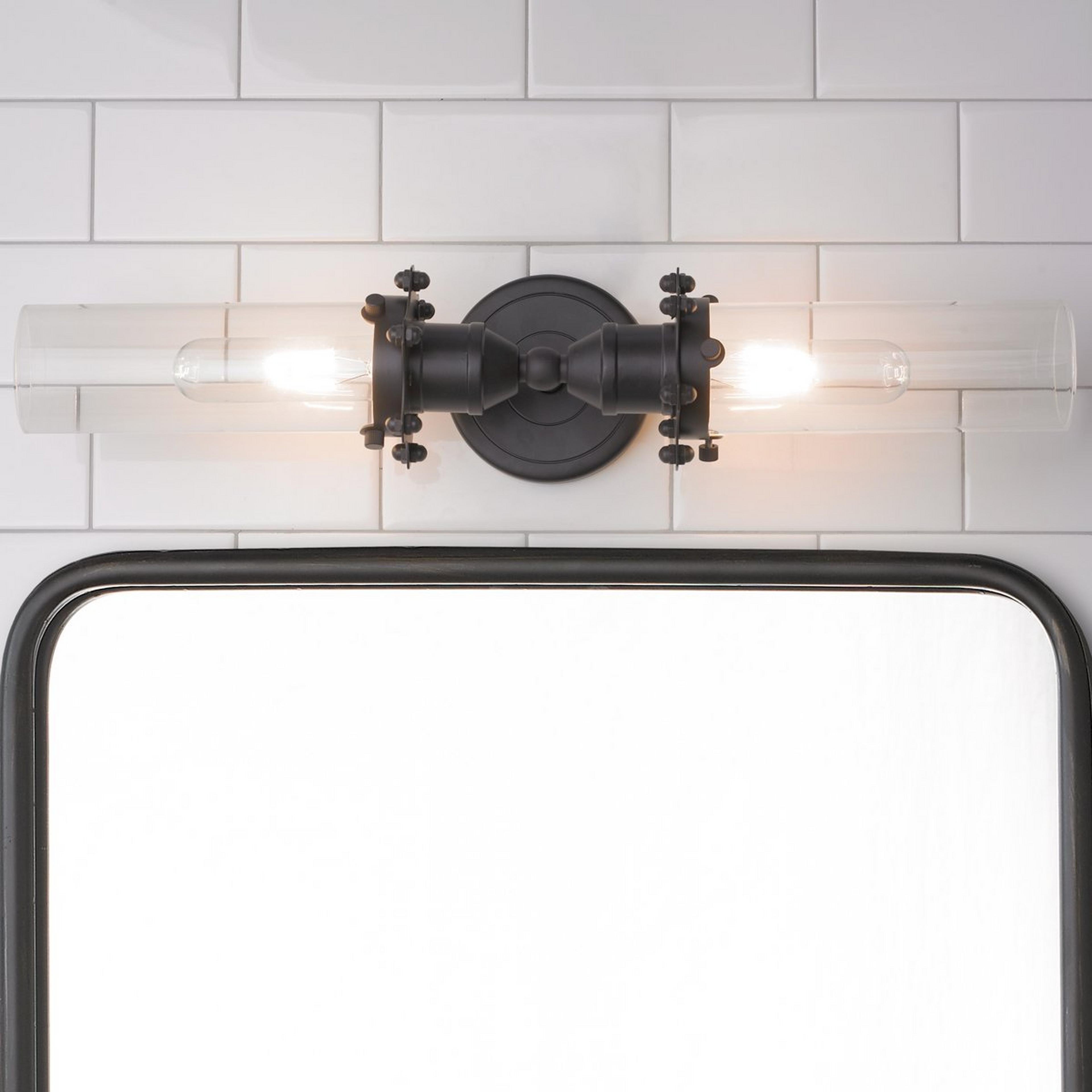 A Industrial Bolted Tube Vanity Light with Oil Rubbed Bronze / Clear color