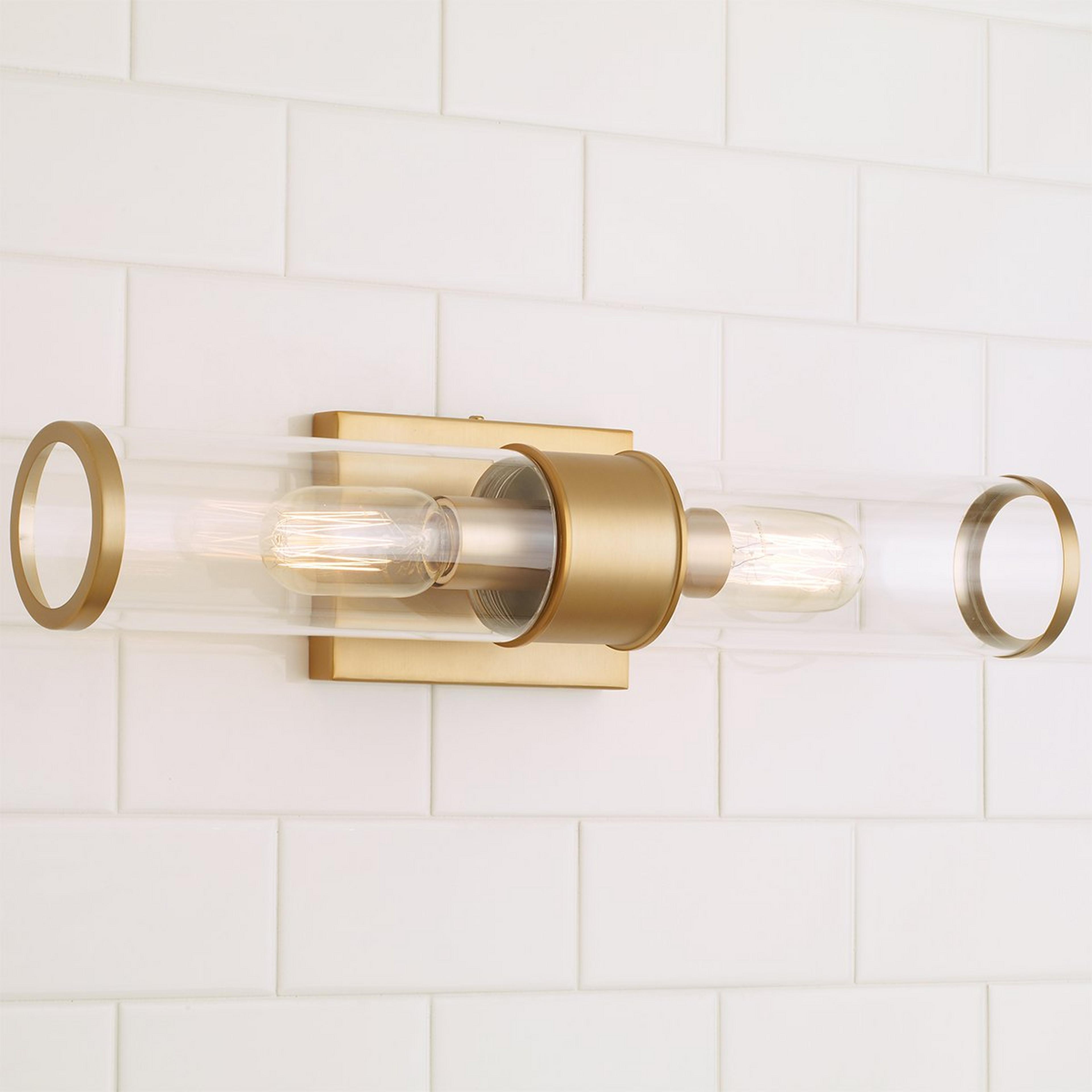 A Simple Glass Cylinder Sconce - 2 Light with Satin Brass / Clear Glass color