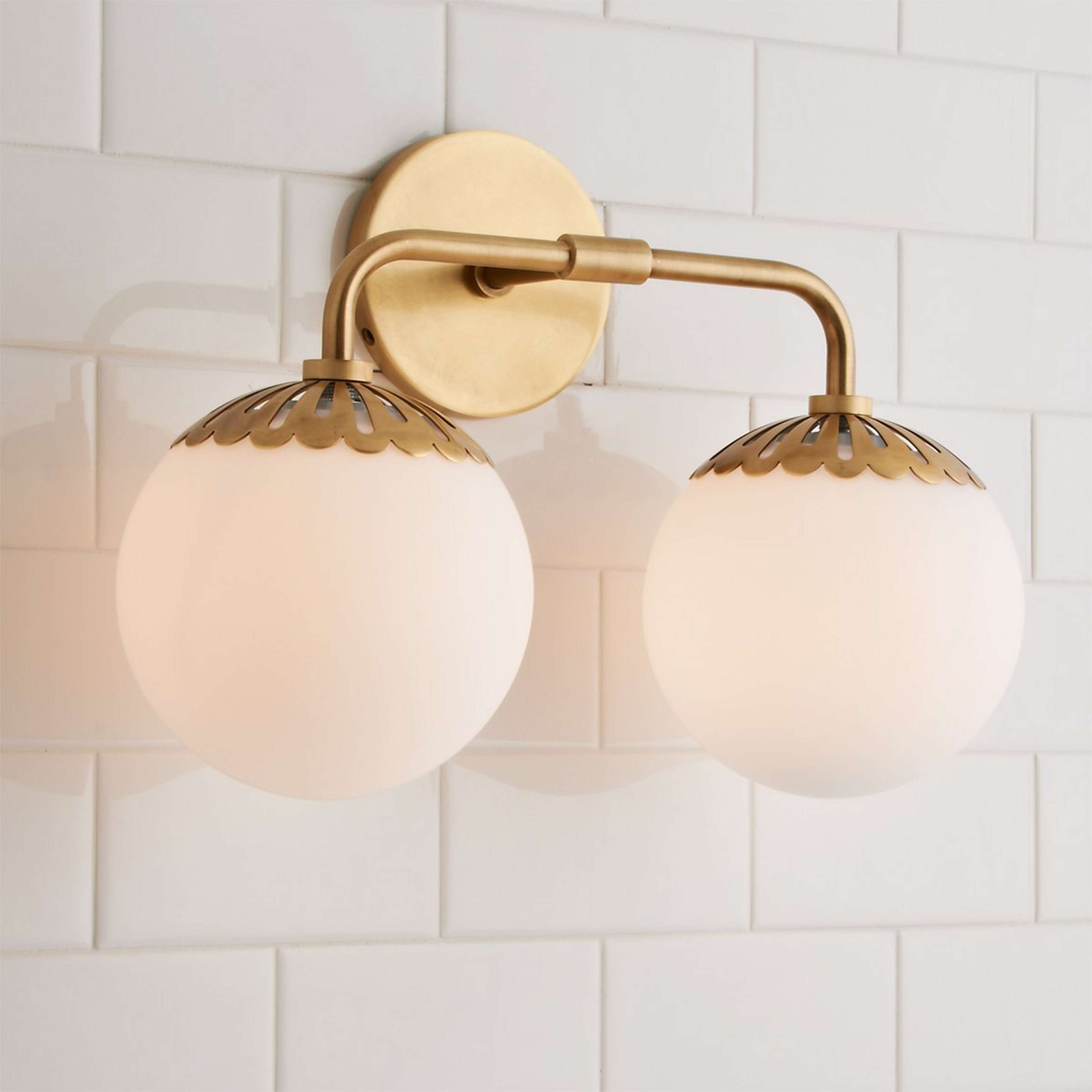 A Dewdrop Globe Vanity Light - 2 light with Satin Brass color