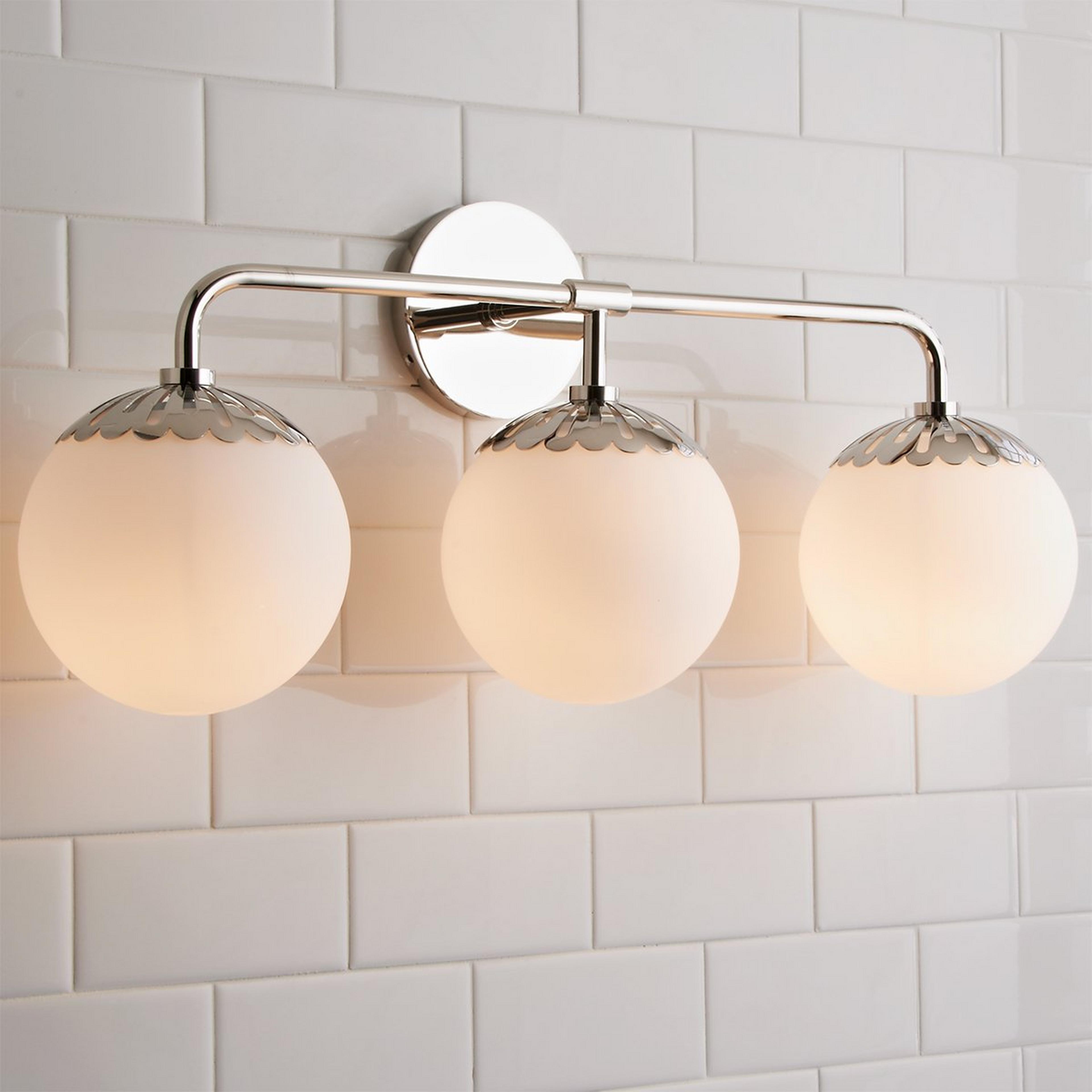 A Dewdrop Globe Vanity Light - 3 light with Polished Nickel color