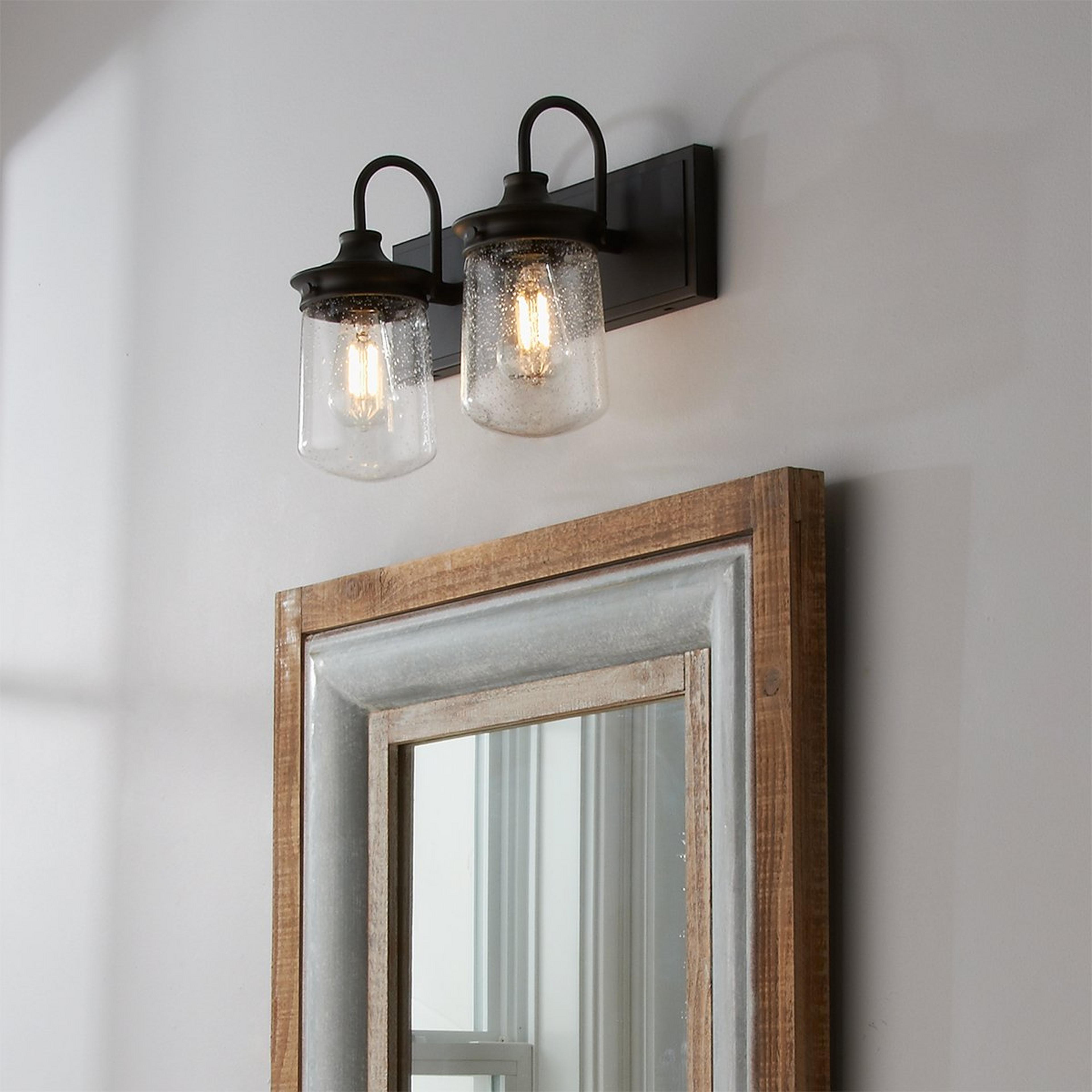 A Jar Glass Seeded Vanity Light - 2 light with Oil Rubbed Bronze color