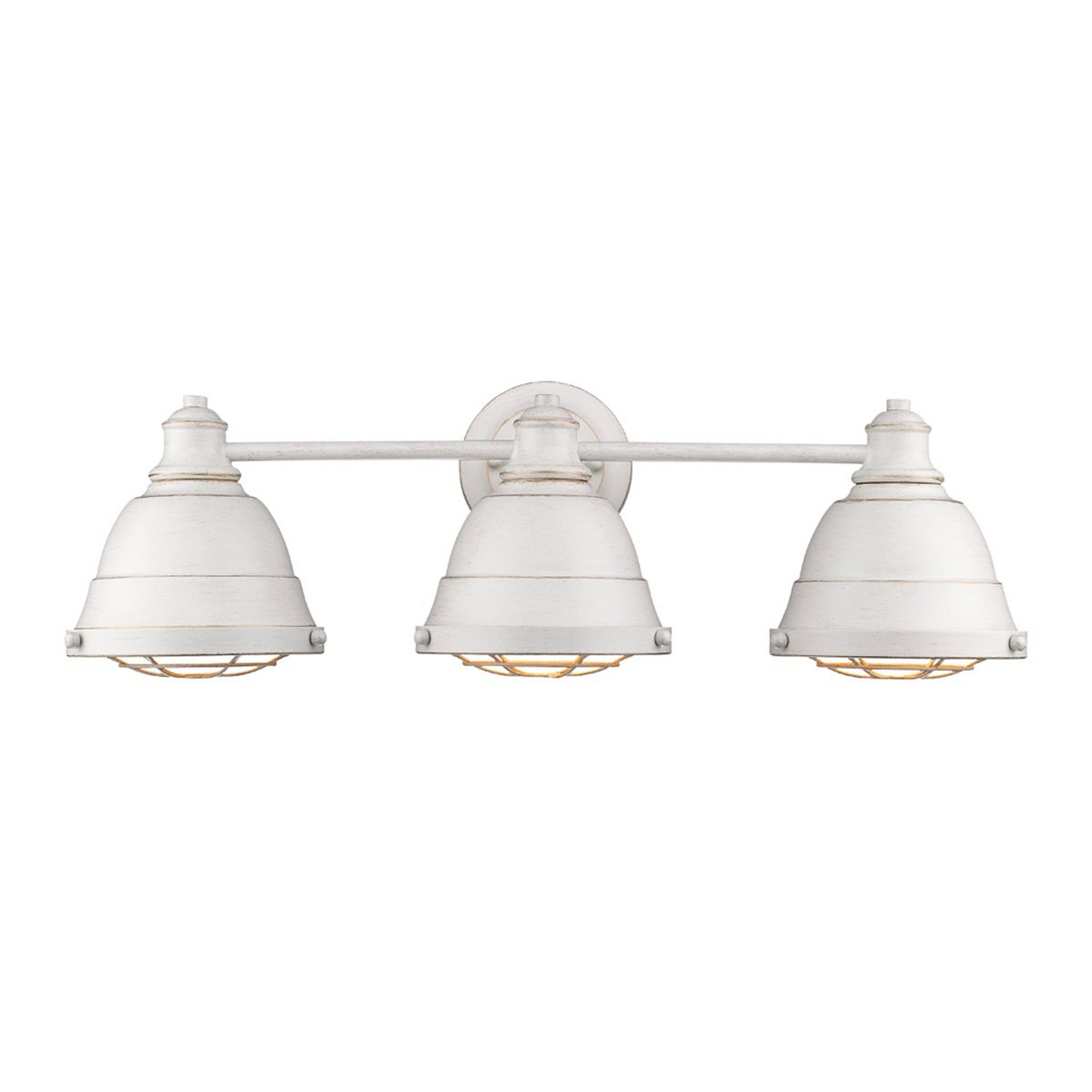 A Weathered Industrial Caged Vanity Light with French White / Gold color