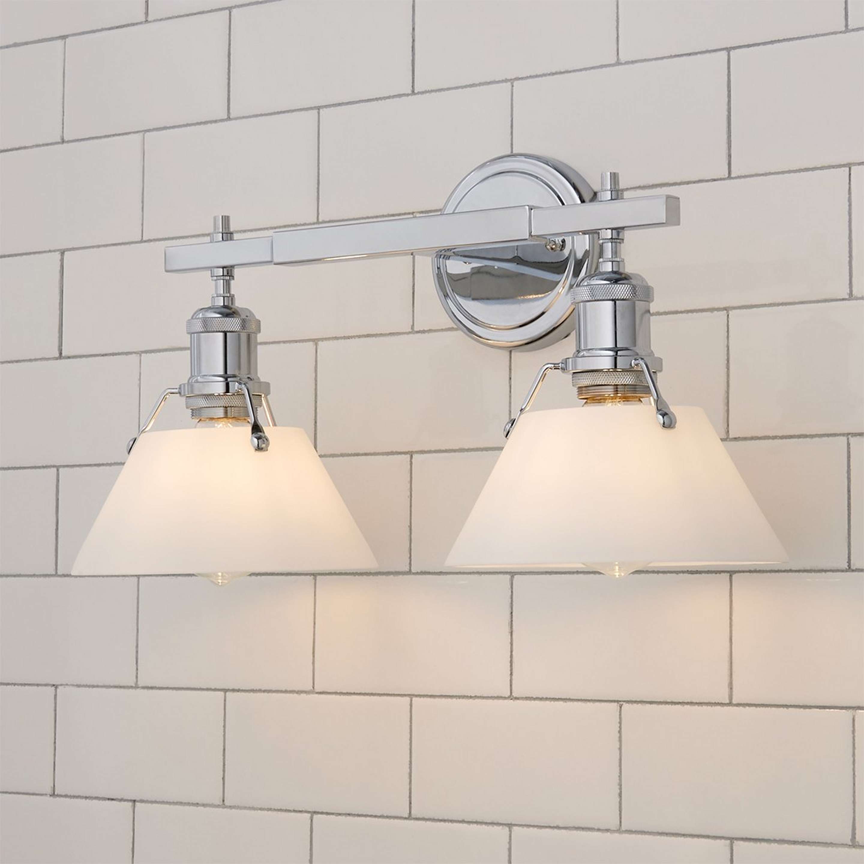 A Truncated Cone Shade Vanity Light - 2 light with Chrome / White Glass color