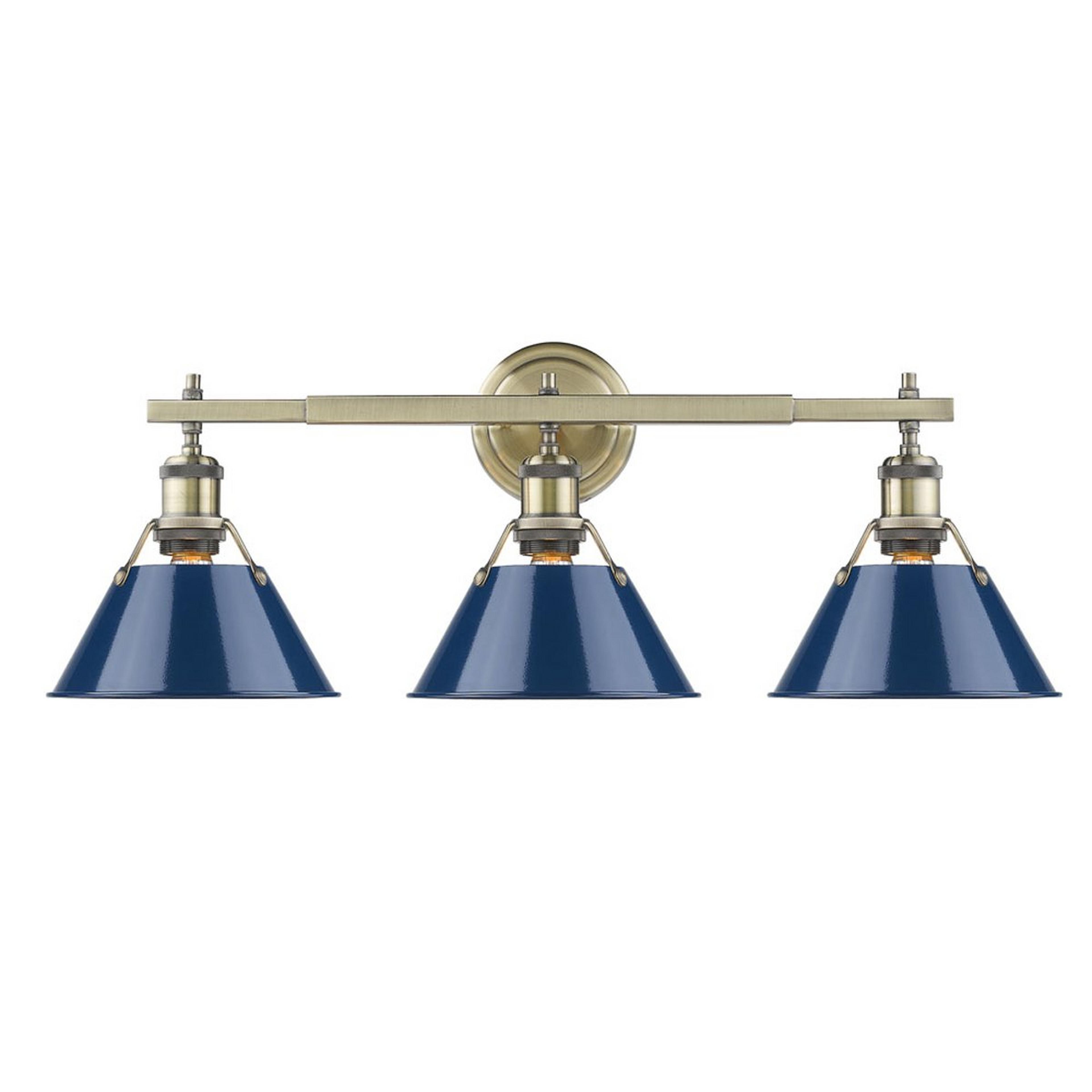 A Truncated Cone Shade Vanity Light - 3 light with Aged Brass / Navy Blue color