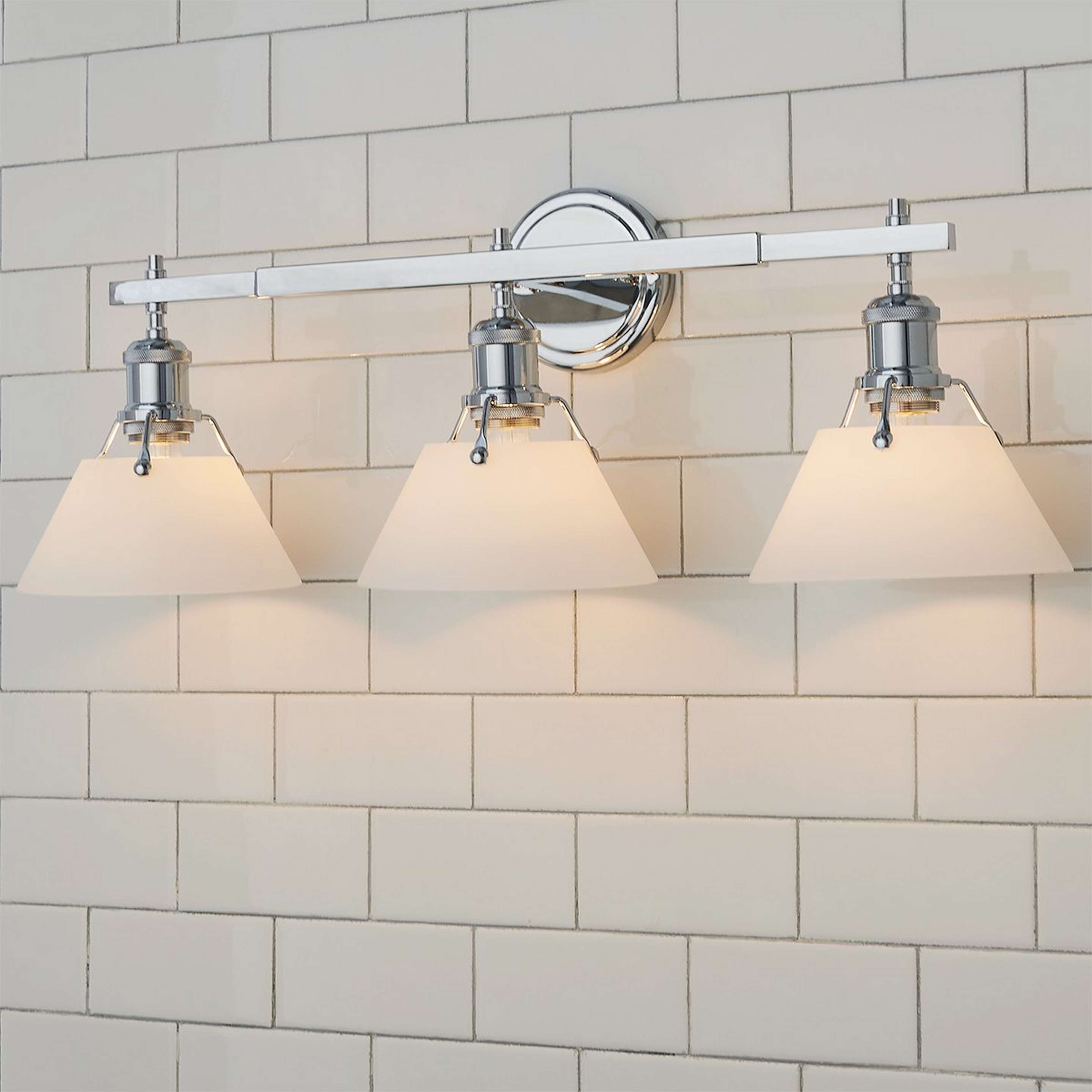 A Truncated Cone Shade Vanity Light - 3 light with Chrome / White Glass color
