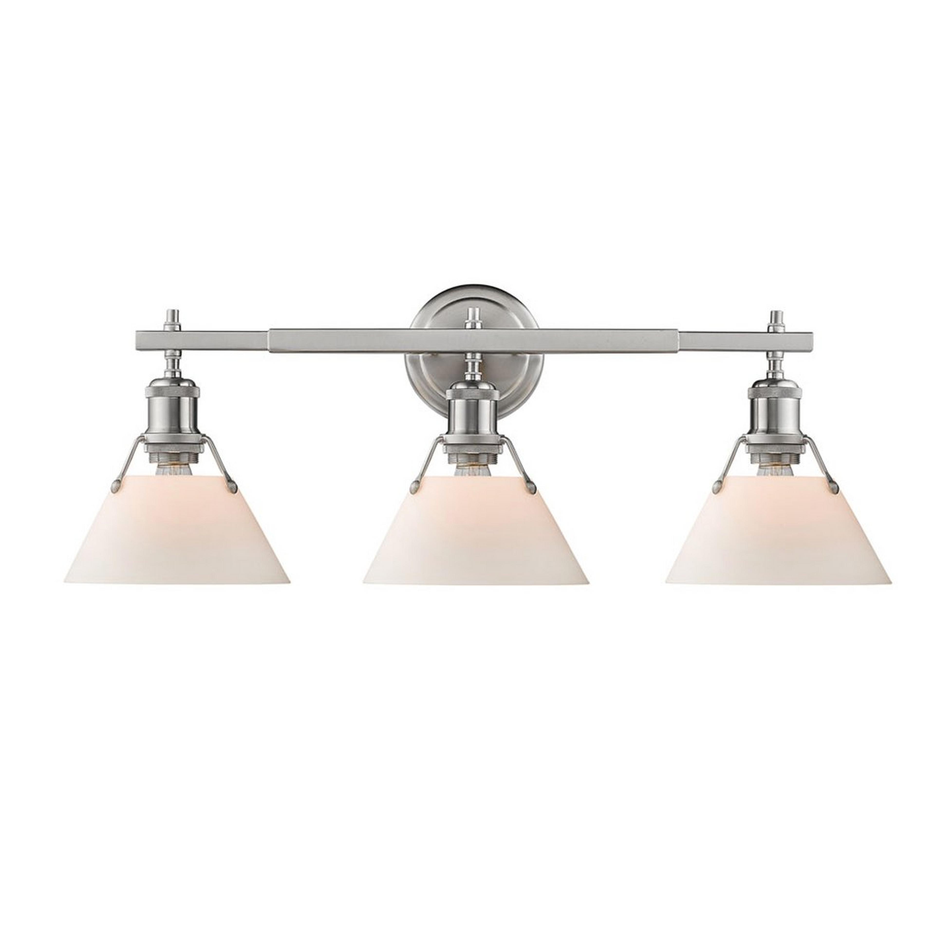 A Truncated Cone Shade Vanity Light - 3 light with Pewter / White Glass color