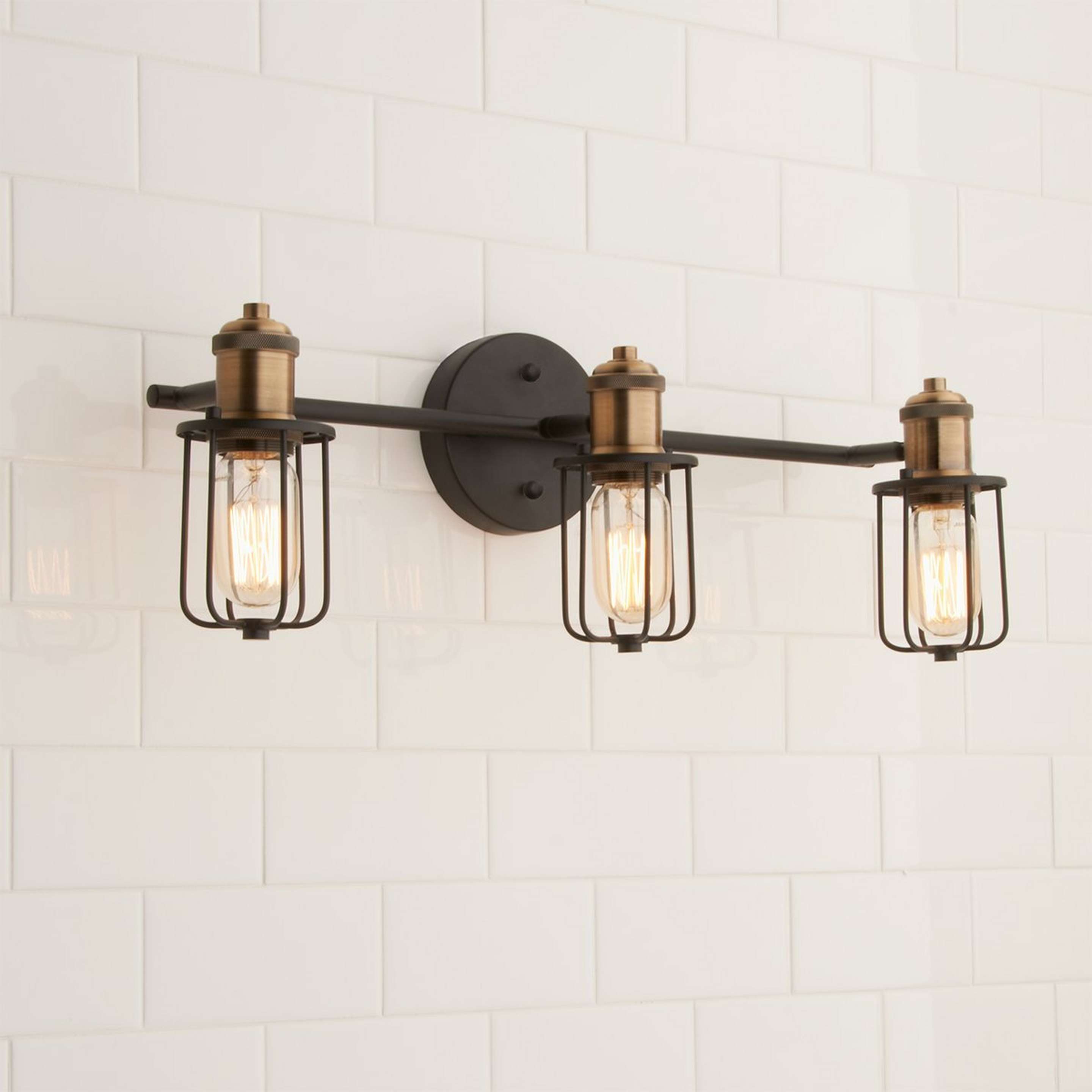 A Warehouse Cage Vanity Light - 3 Light with Matte Black / Gold color