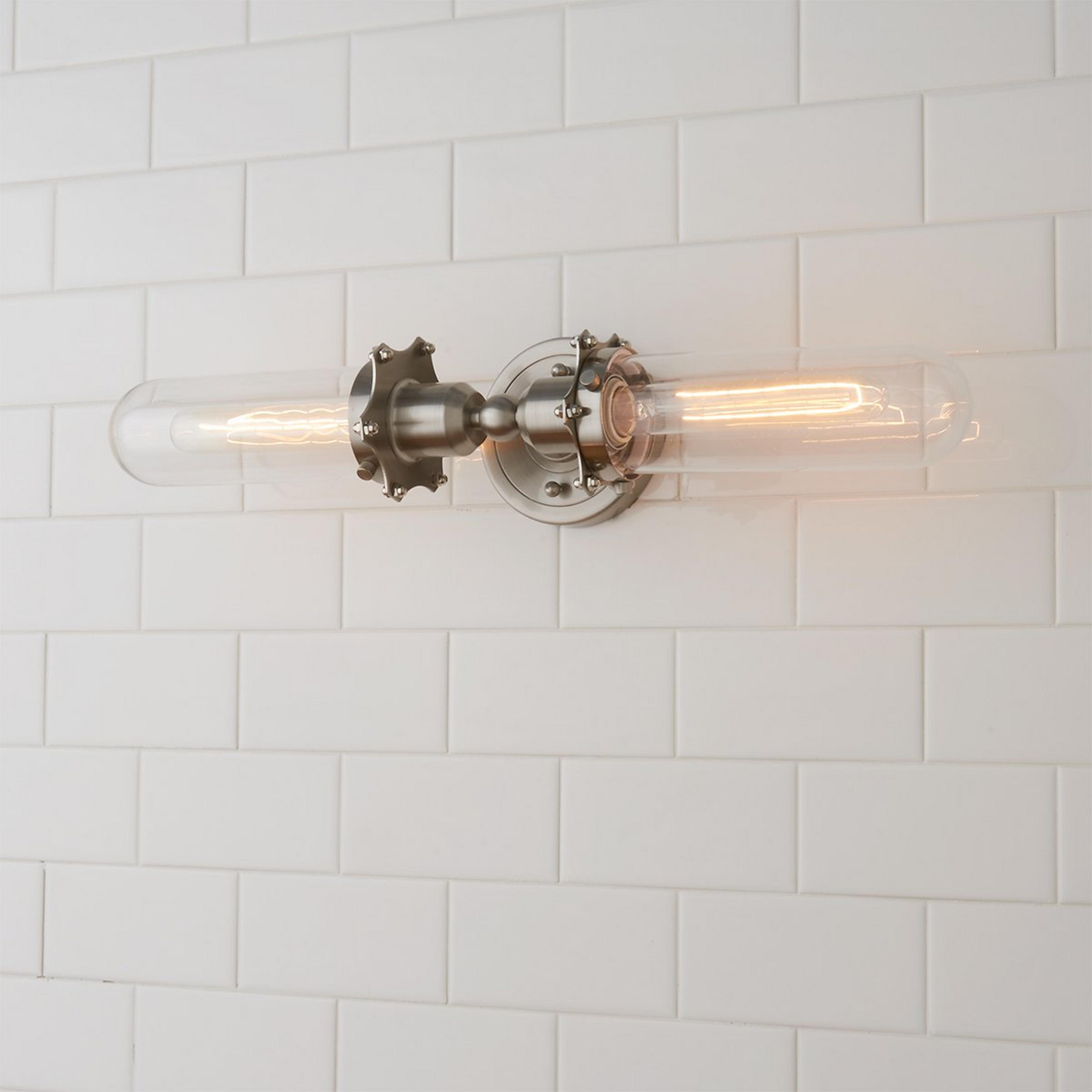 A Double Bullet Sconce - Large with Satin Nickel color