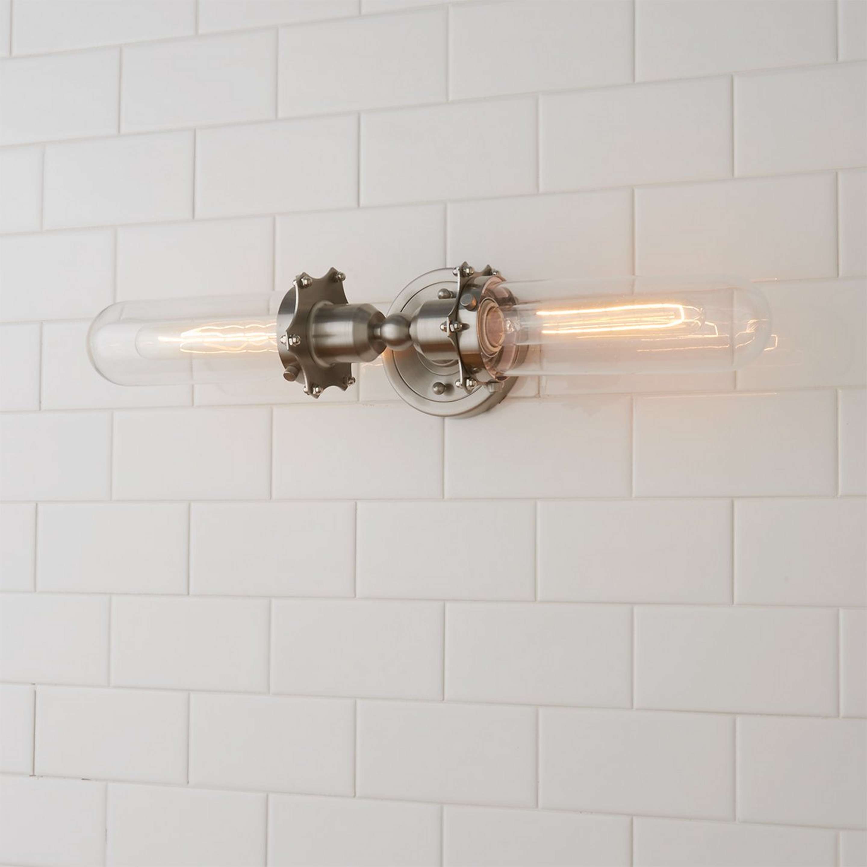 A Double Bullet Sconce - Large with Satin Nickel color